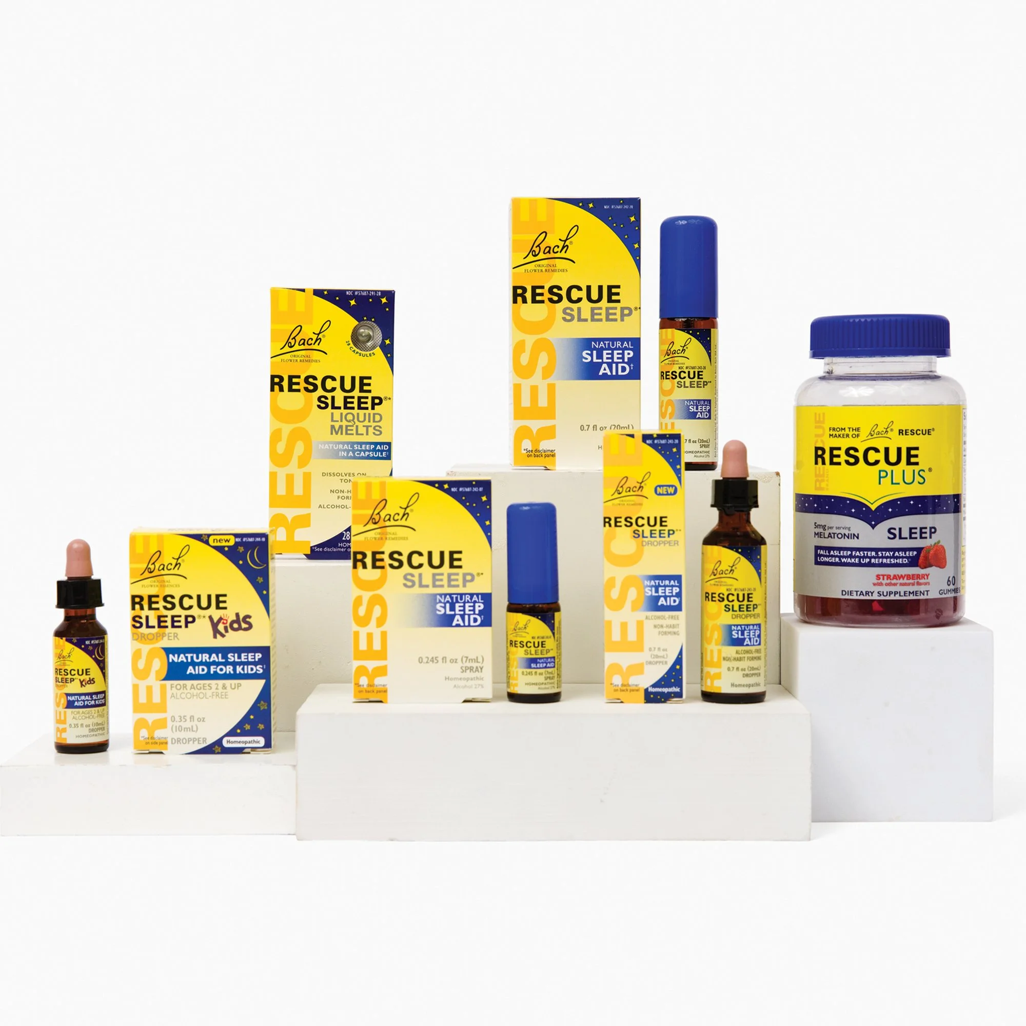 Core product line of the Rescue brand family of homeopathic sleep aid products and one dietary supplement. Pre-established branding was adapted to meet stringent US regulatory and legal requirements, all on very small packaging profiles.