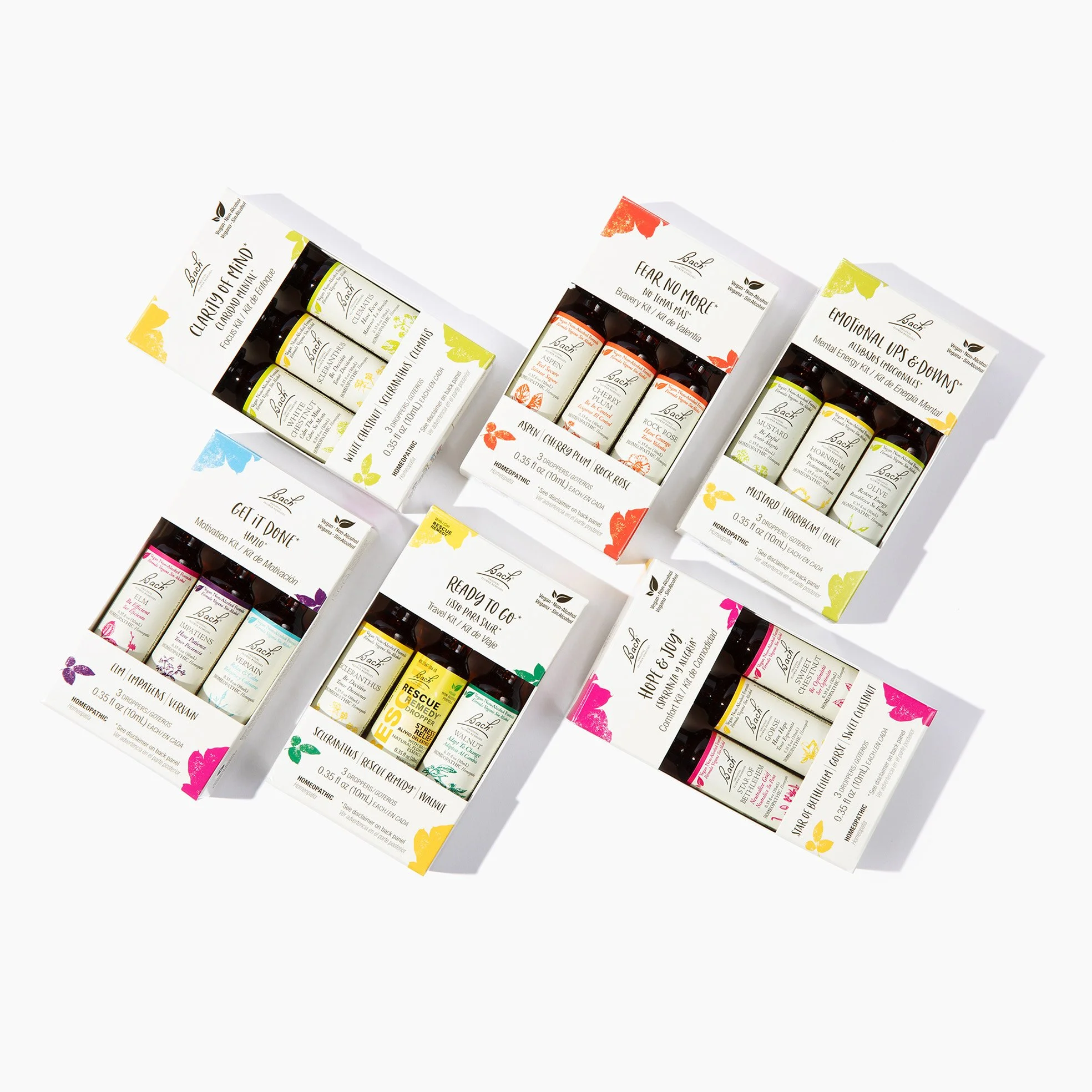 Design and art direction of the Bach flower remedy sets I designed for 10mL size bottles: a collection of six bilingual English and American Spanish language kits. The aim is to simplify consumers’ in buying the products they need by creating kits ba