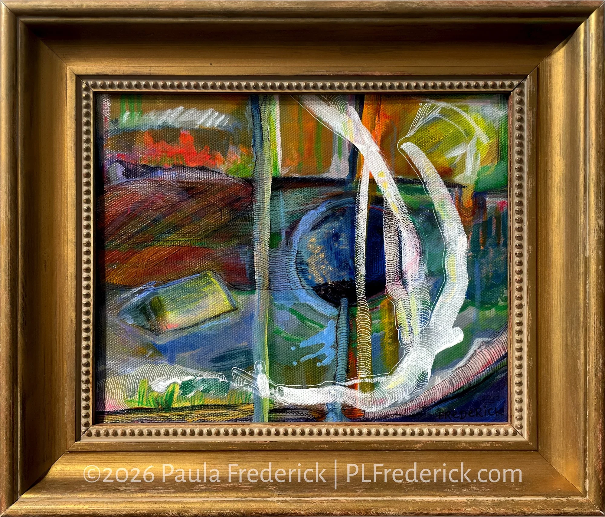 Milk Run Fire | By Paula Frederick | Acrylic, watercolor, marker on canvas | 10 x 8 inches