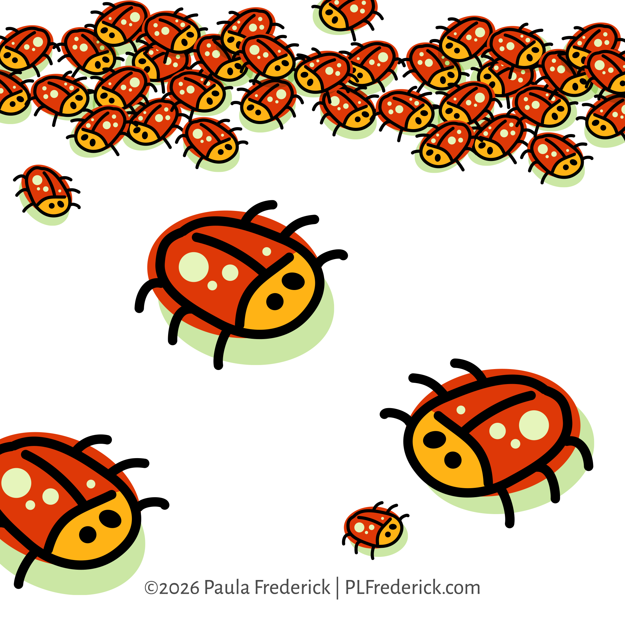 Ladybugs! You ever see just a huge blob of ladybugs? I have! Anyway, digitally illustrated. These lil guys are similar to the ladybug in my "Hide" illustration. | Illustration by Paula Frederick