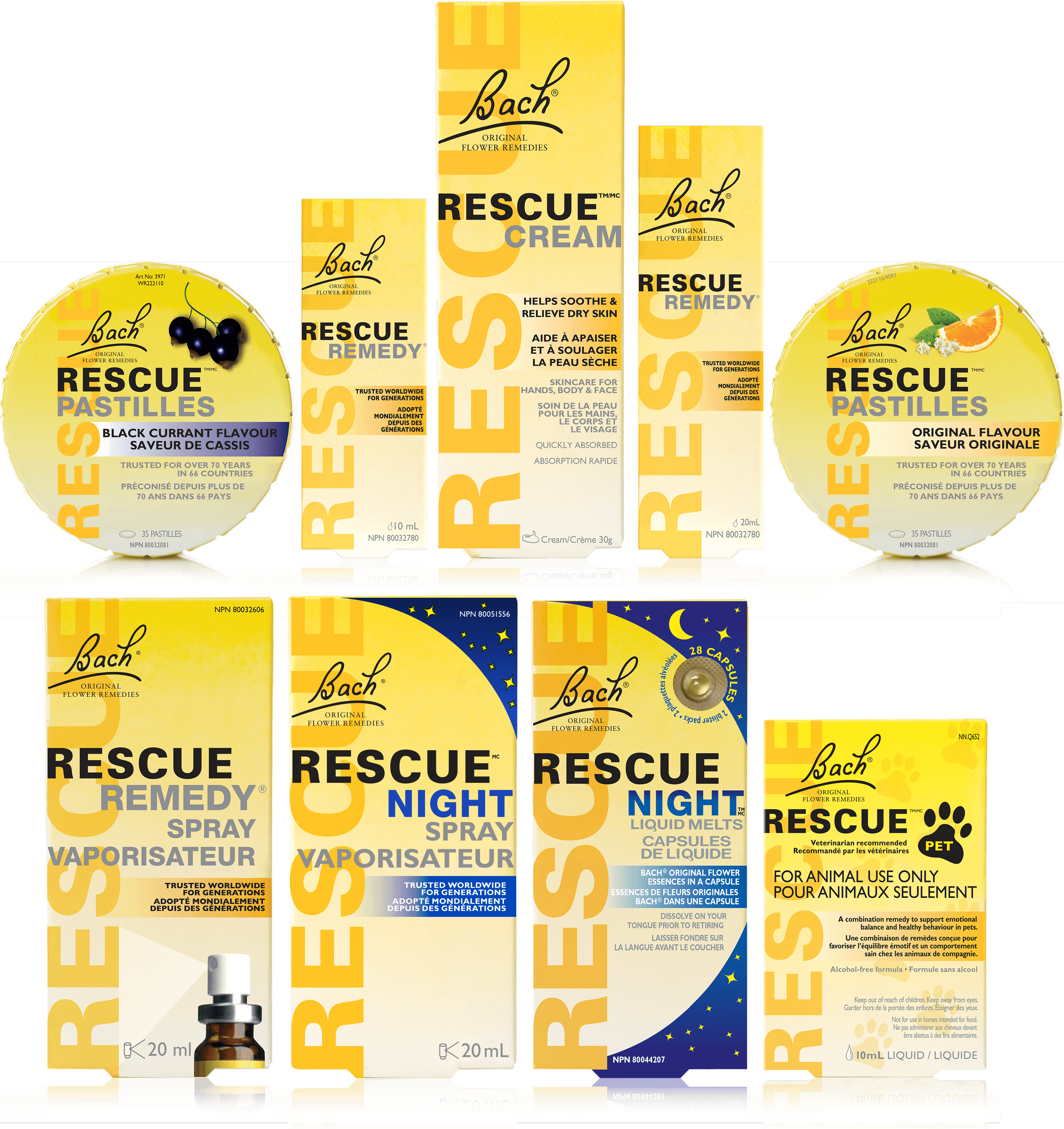 Canada external carton packaging for the Rescue range of products of stress relief and sleep aids, for adults and pets (not shown: kids products). Designed based on preexisting brand rules. Interior bottle label designs now shown. Packaging dimension