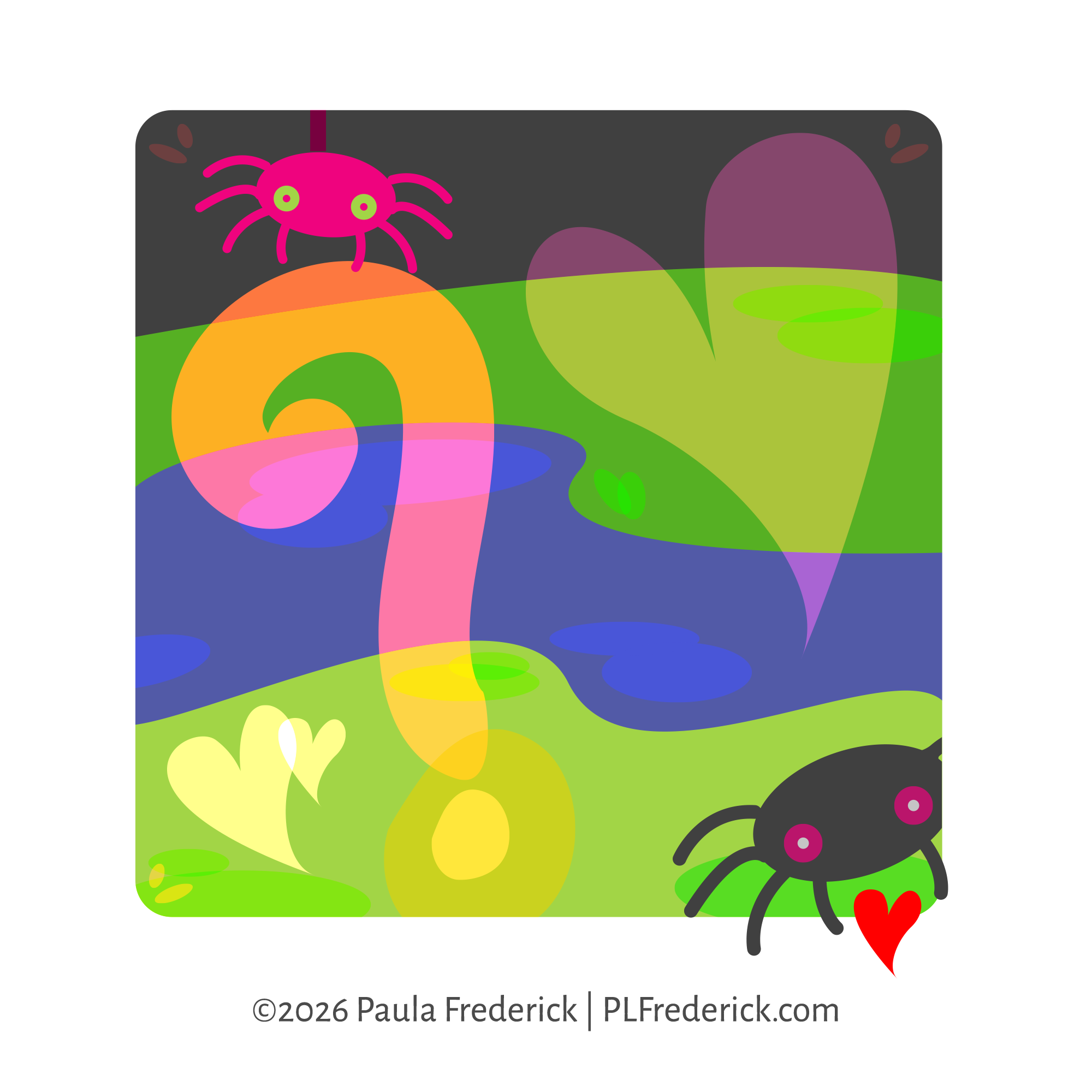Sprout, two little spiders who have sprouted love between them. Or is it directed at you? | Illustration by Paula Frederick
