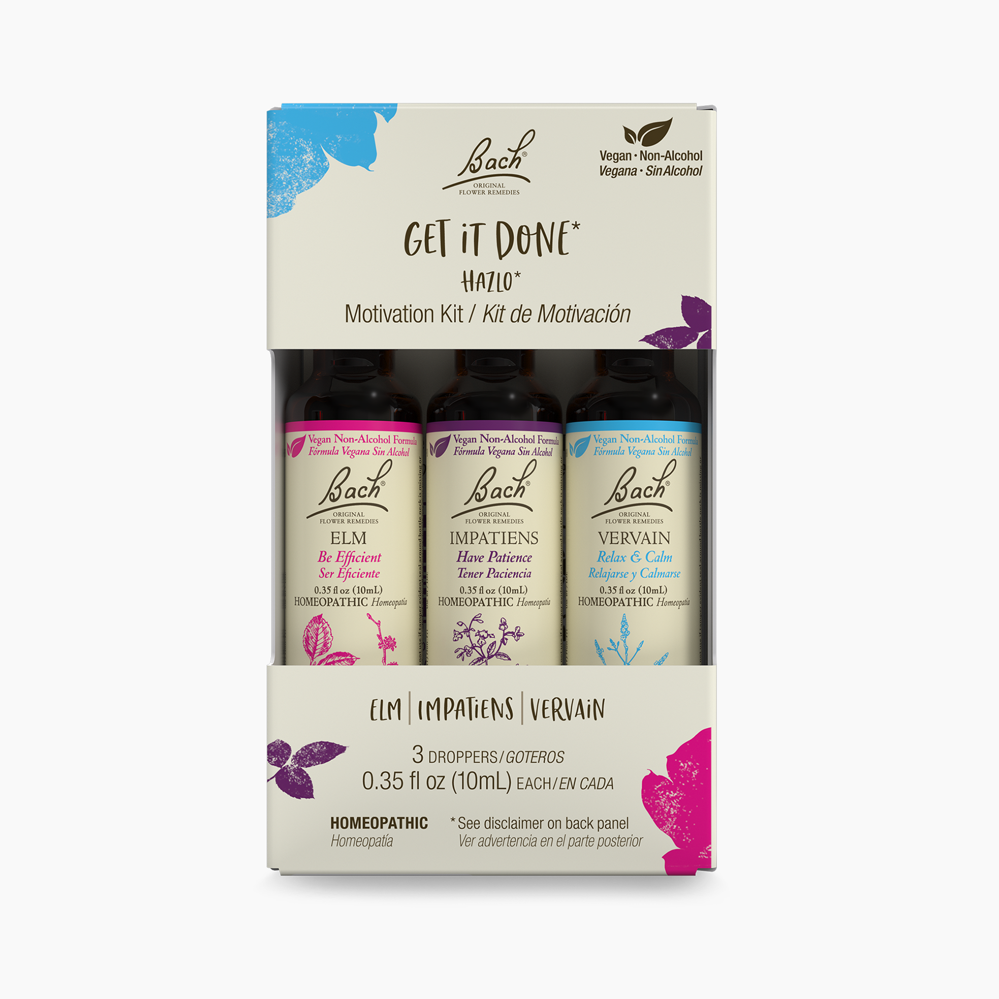 Front panel from the Bach flower remedy motivation kit package design. The bilingual copy must adhere to regulatory as well as branding rules, on a small pack profile. The final design solution continues to be successful with consumers. Actual size: