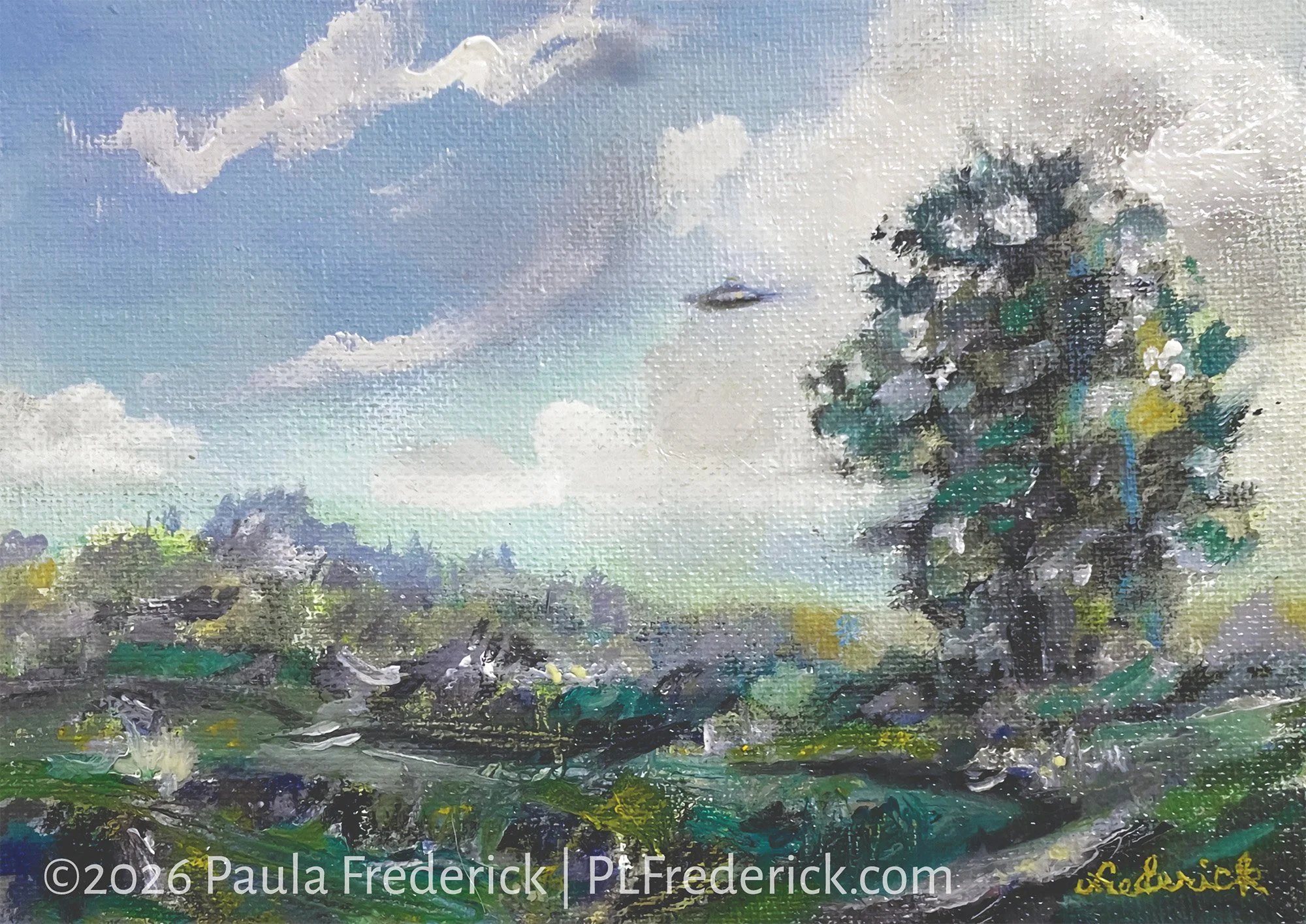 Tree With Distant Craft | By Paula Frederick | Oil and acrylic on canvas board | 7 x 5 inches