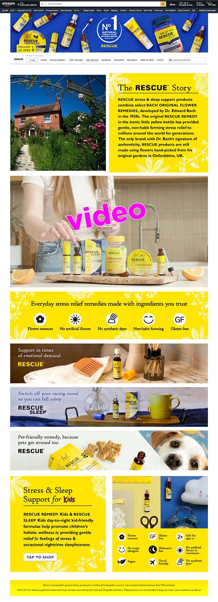 Amazon store front page for Rescue stress relief and sleep aid products.