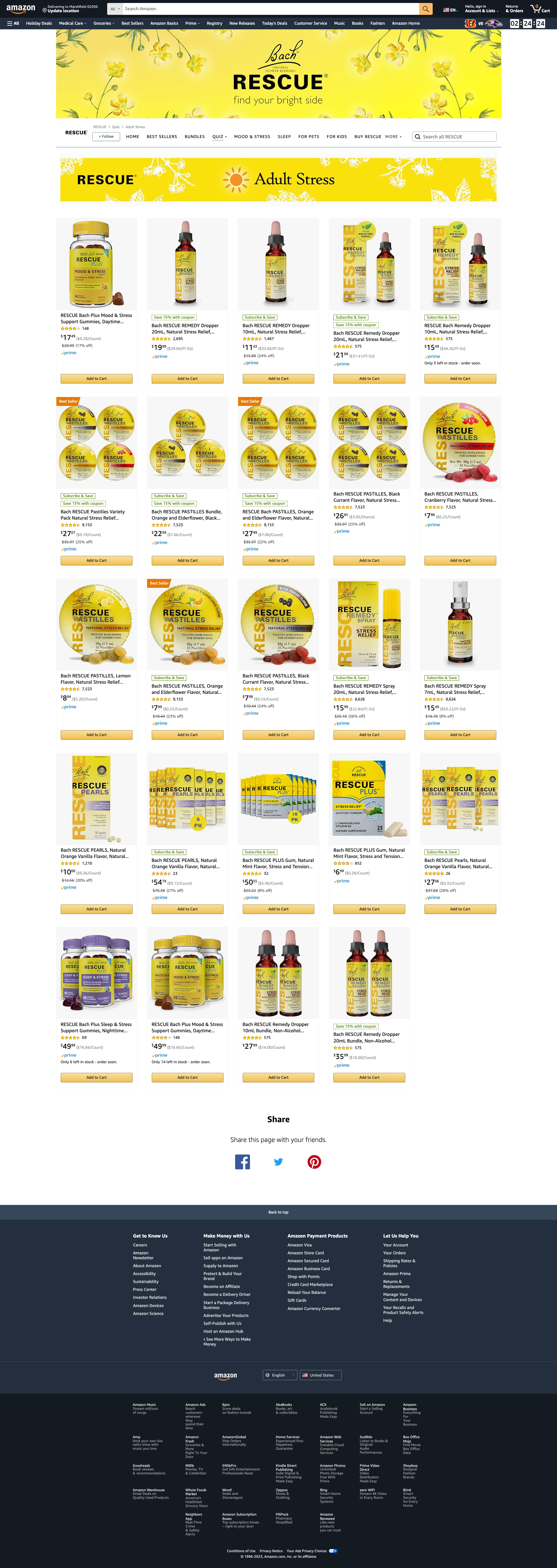 General product view on Amazon for Rescue stress relief and sleep aid products.