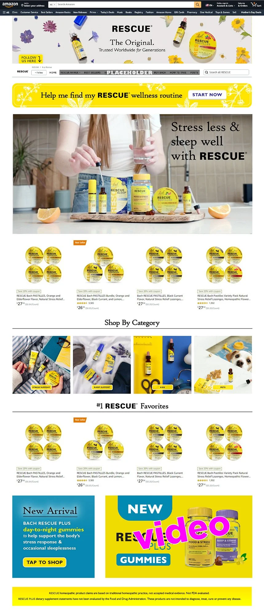 Amazon store front page for Rescue stress relief and sleep aid products. Notice the “START NOW” quiz button.