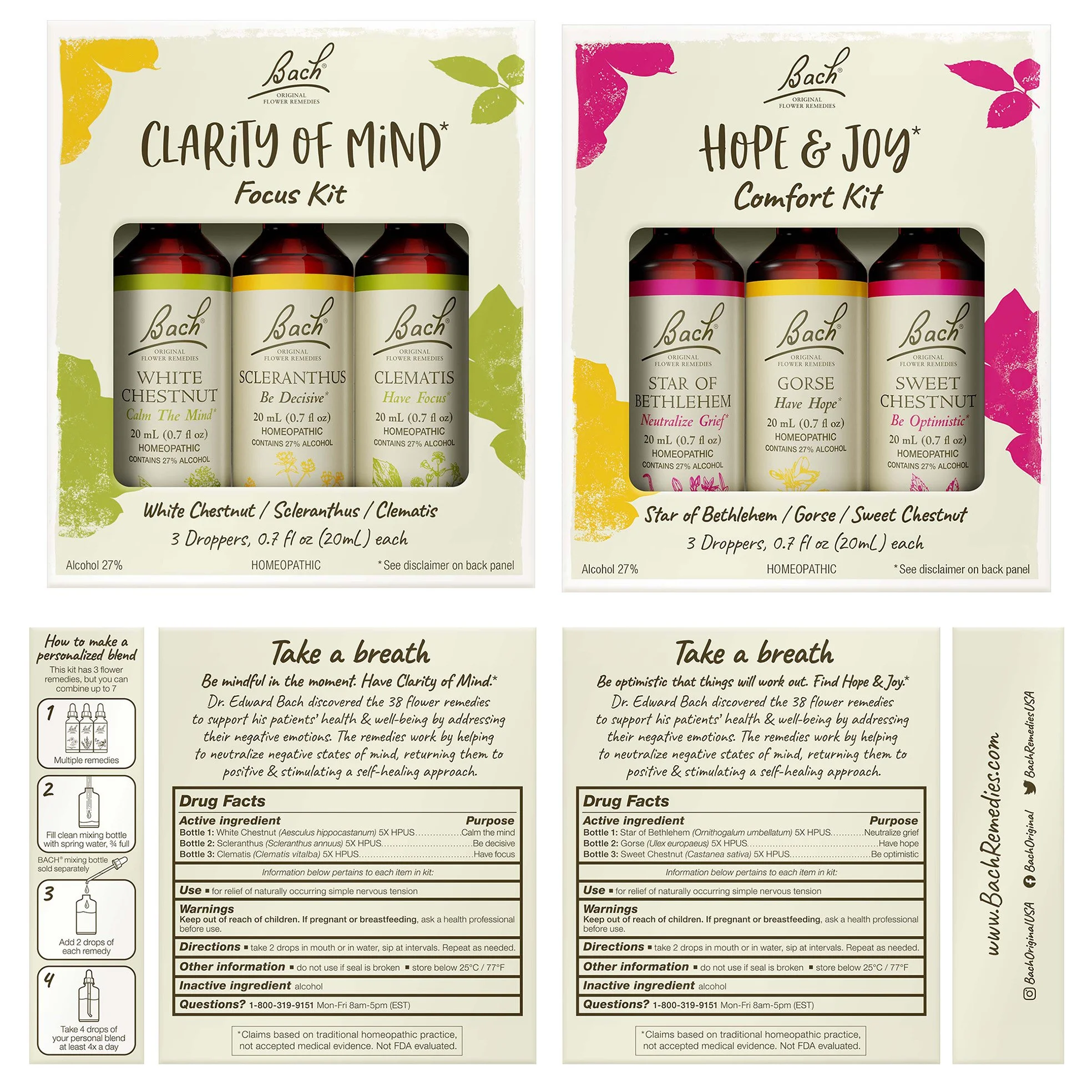 Design and art direction of the Bach flower remedy sets I designed for 20mL size bottles: two kits that fit three the classic size Bach remedies. Actual size: 3.5” x 4.25” front panel (top), 1” x 4.25” side panel (bottom far left and far right), 3.5”