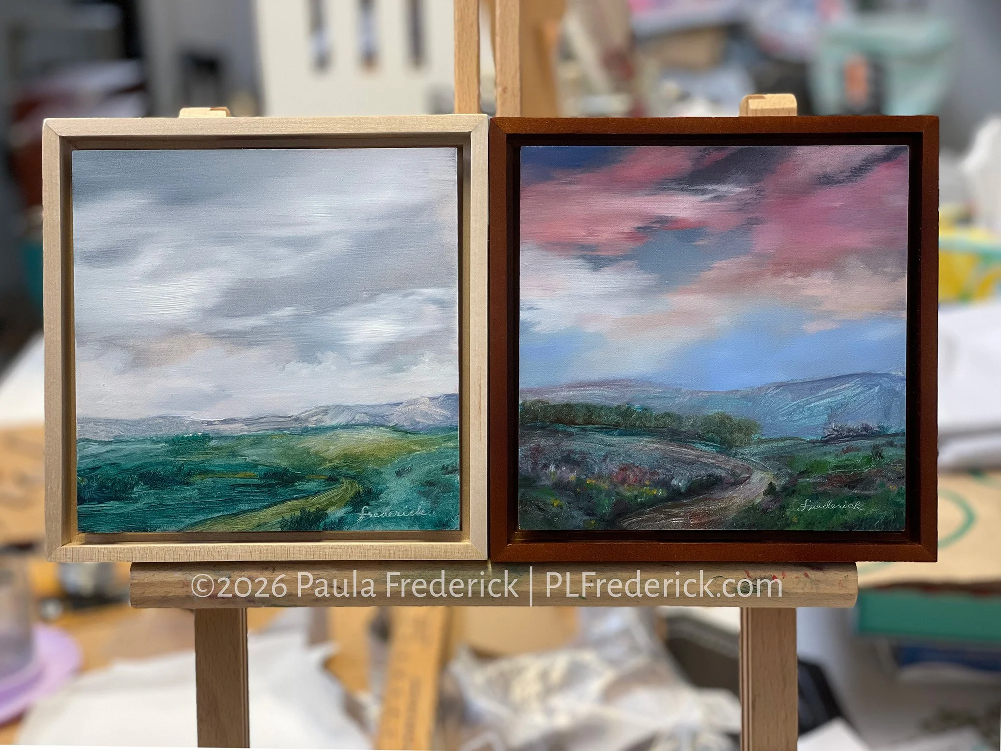 Two works in private collections: Boston to Phoenix (L) and Phoenix to Boston (R) | By Paula Frederick | Oil on board