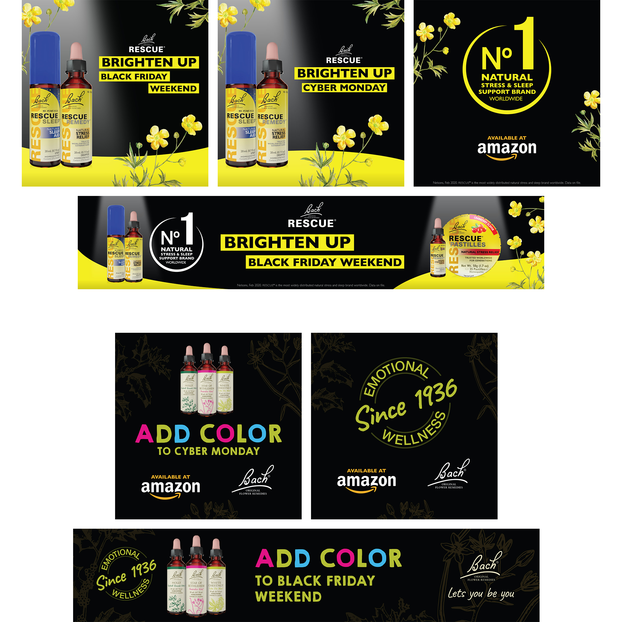 Social media ads (static) to announce Amazon Black Friday and Cyber Monday deals.