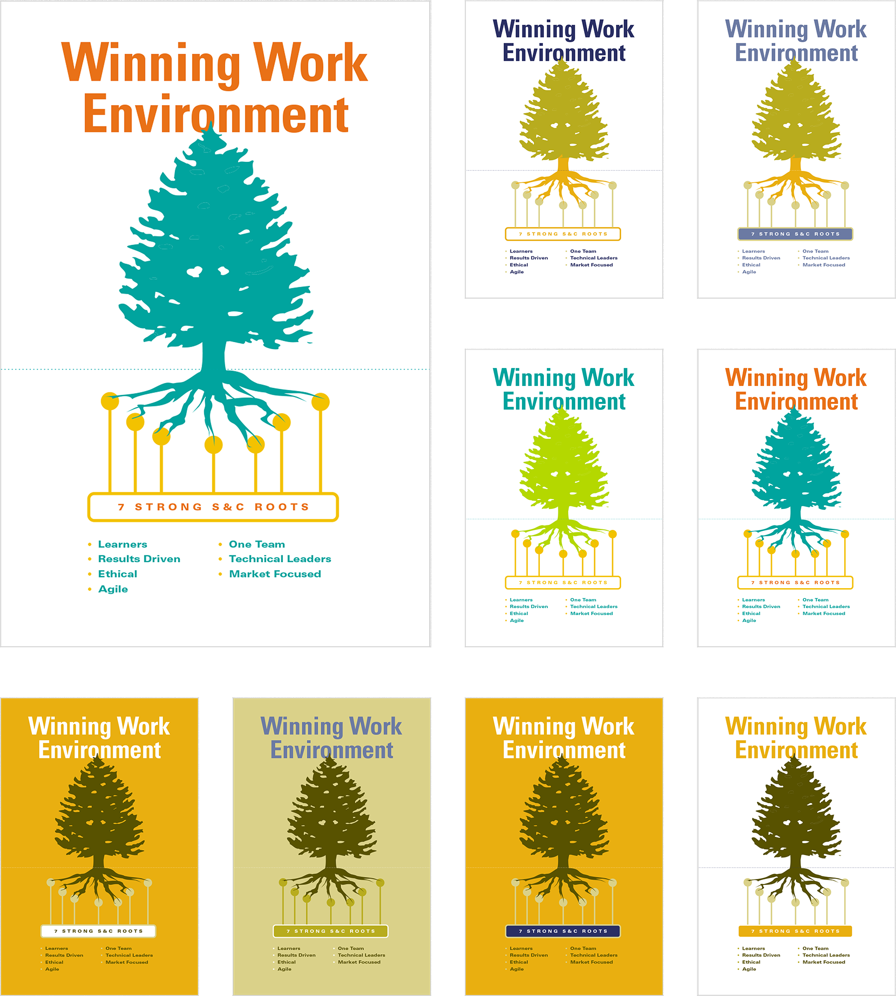 Winning poster design (large) with some of the color studies leading up (smaller). This is how I work: fast iterative variations so that we can all know for sure which looks and test best. I do not rely on imagination. In the end the worldwide market