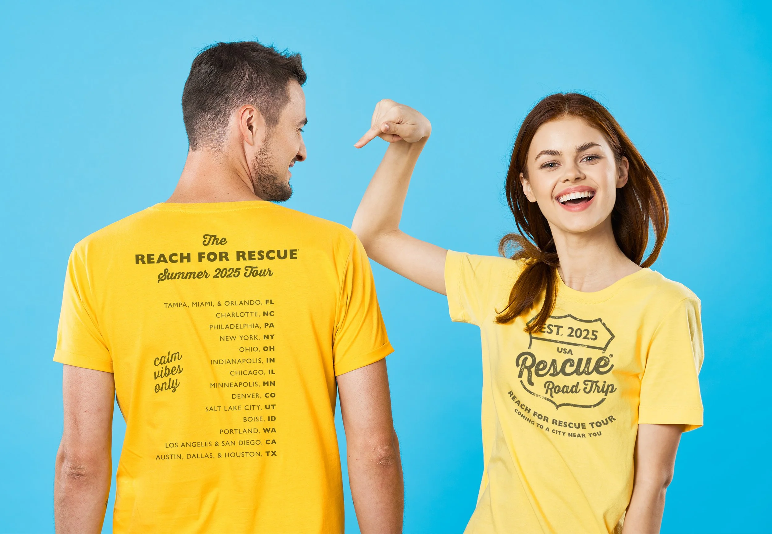 Branded tee-shirt design in yellow for the Rescue Road Show. Shirt back (left) with tour dates, shirt front (right) with event logo. Logo & design by Paula Frederick. Printed in 1 color.