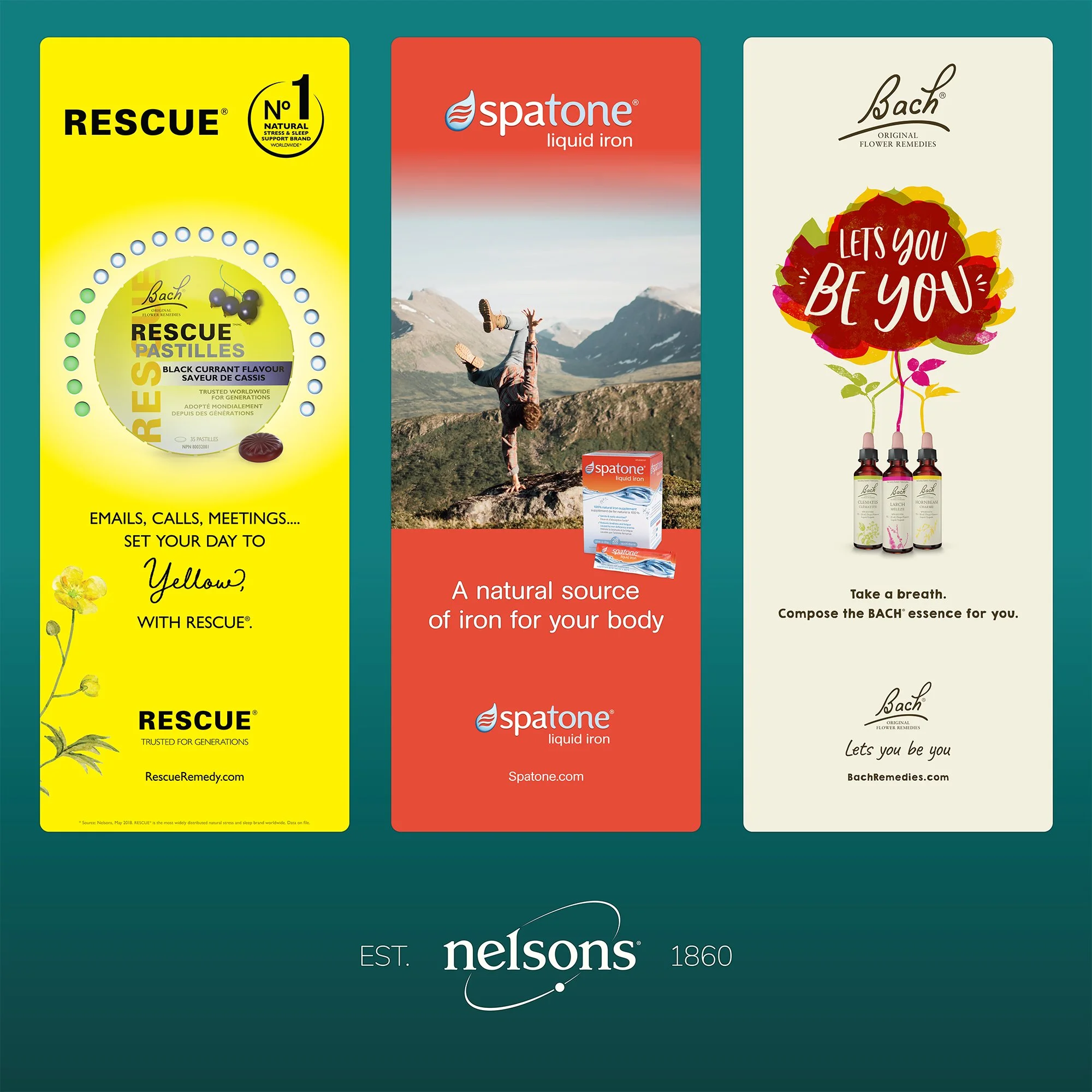 One banner used for Canadian trade shows. Purpose is to inform the trade of the three brands owned by Nelsons, based on the ad campaigns running at the time. Actual size: 10’ x 10’.