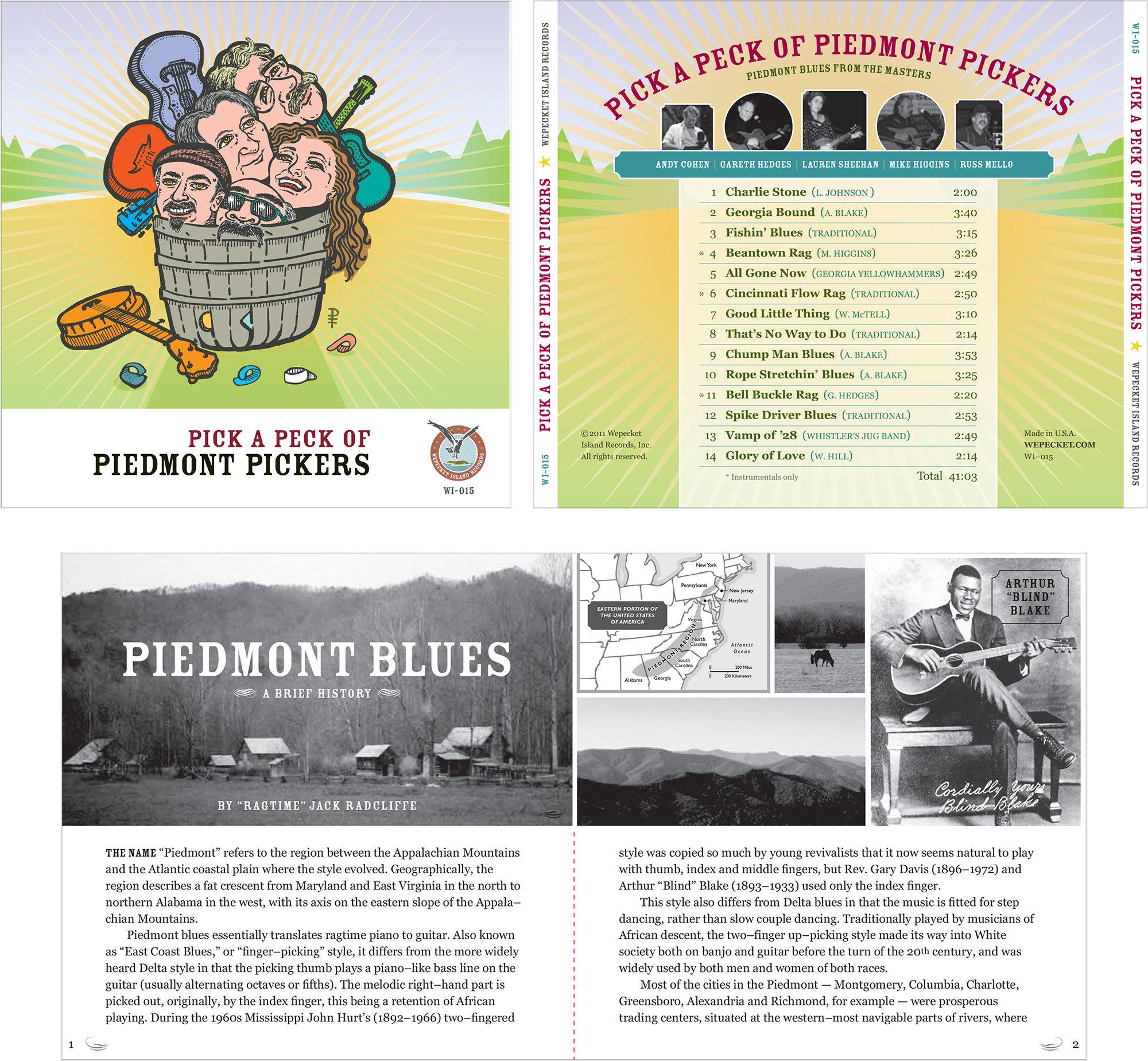Design and illustration of folk music album CD and 14-page booklet. Front (top left), back and spines (top right), and the first inside page spread. The label wanted a fun outside look with a but more serious interior. Actual size: 5.5” x 4.75” (set 