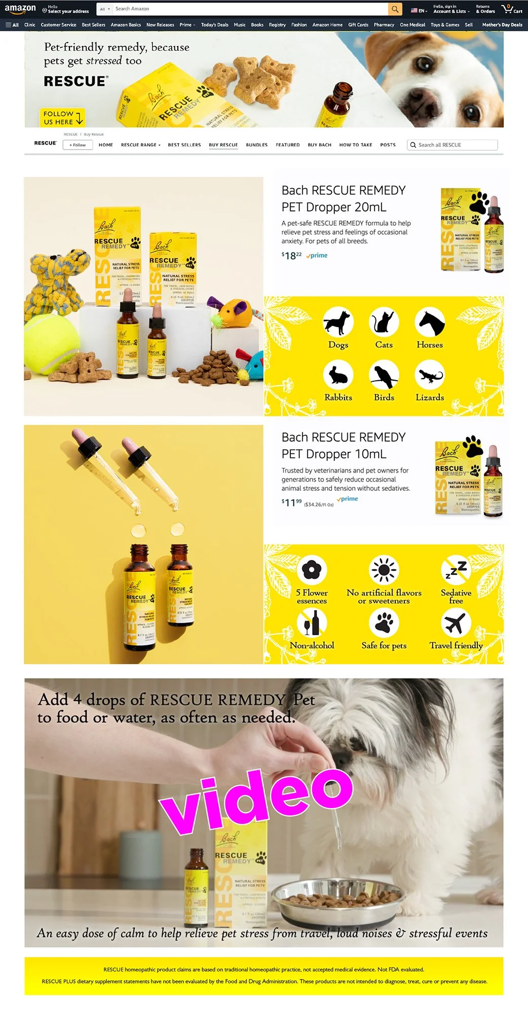 Rescue stress relief products for pets on Amazon. Animal products are a popular store page.