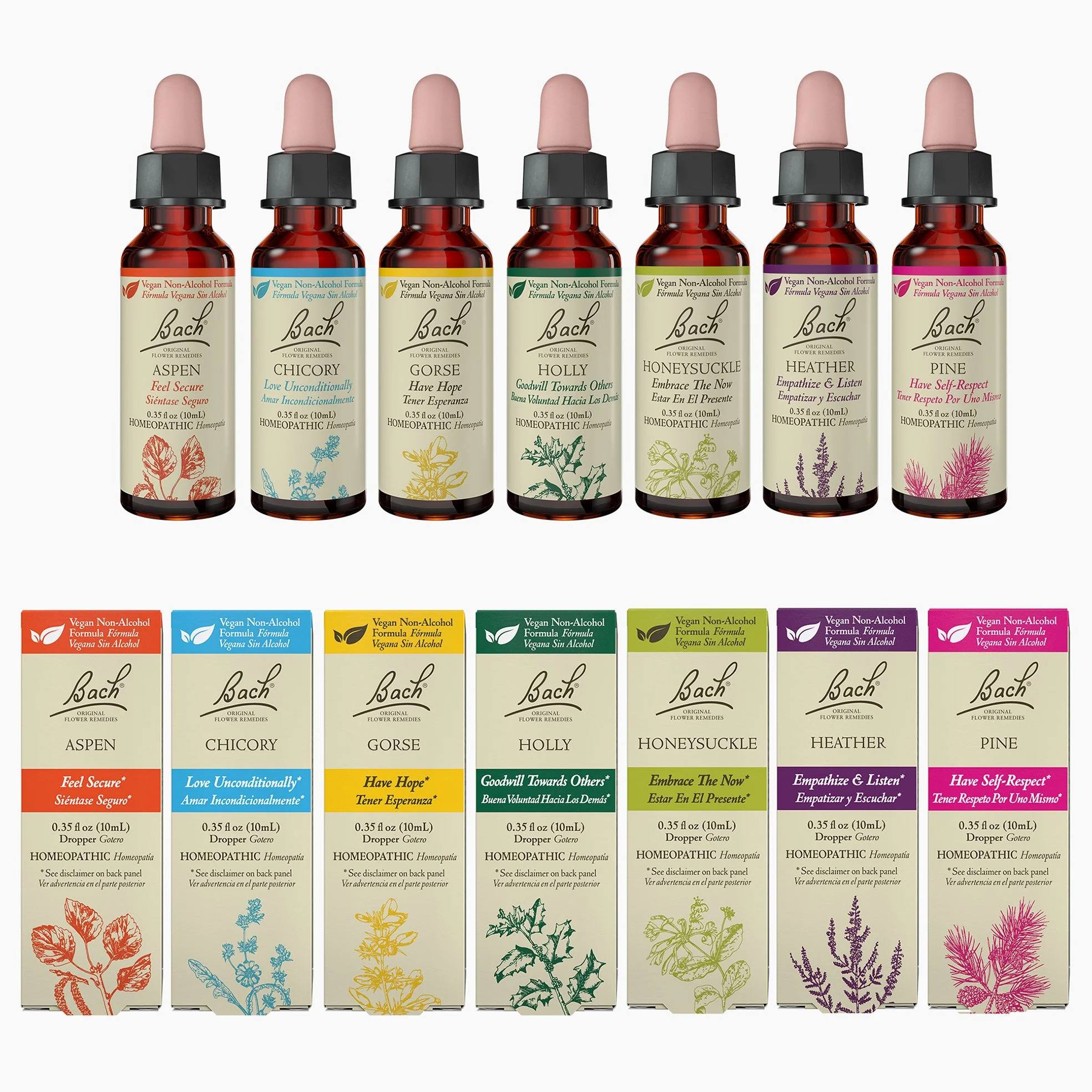 Of the 38 products that I designed for the US new product launch of the 10mL size Bach bottles, these are the 7 main color categories. Shown are front of bottle with corresponding carton. Bottles sit inside cartons. Actual size: 0.75” x 1.5” label fr