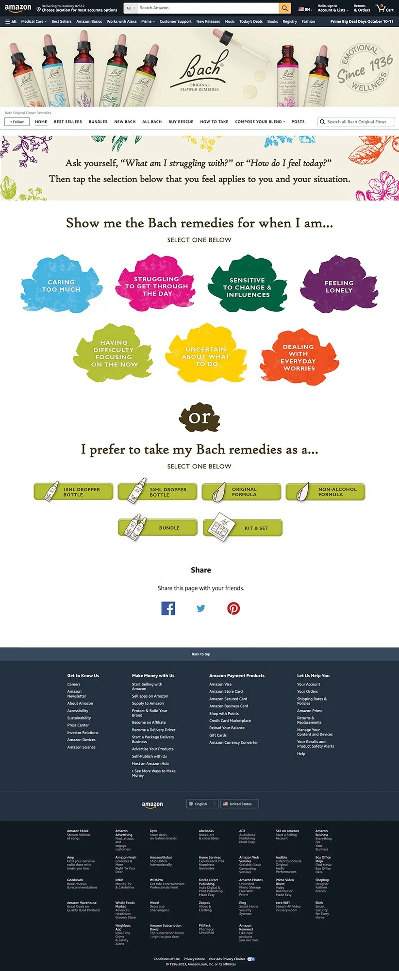 Initial view of Bach flowers’ quiz on Amazon. There are 38 individual Bach Original Flower Remedies, plus combo kits. This quiz helps direct consumers to the specific remedies for their issue and the format. It was a hit, with immediate sales lift.