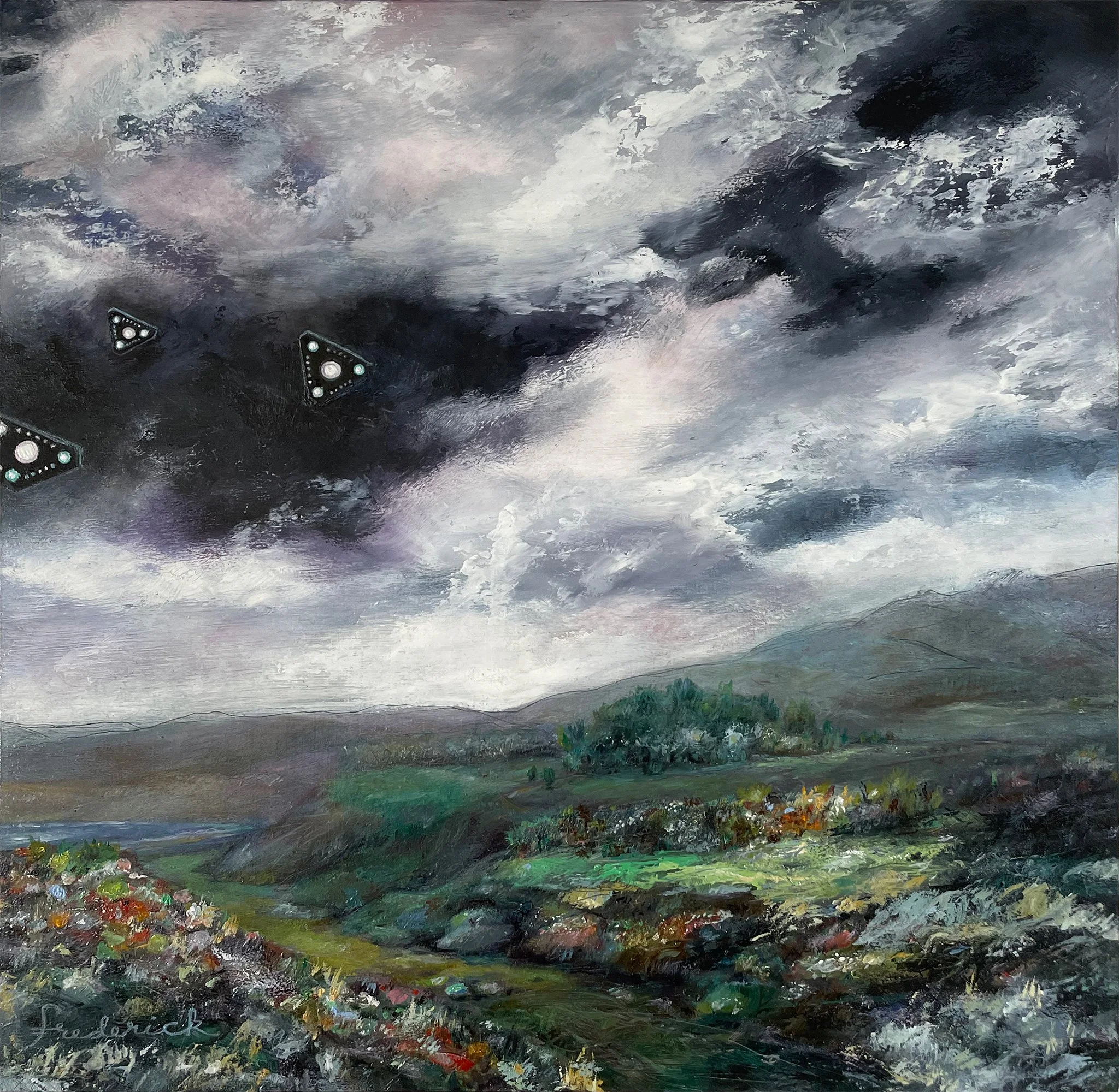 Skyfall: Day to night in a moment / Our friends, they come to us in flying ships
 | By Paula Frederick | Oil on wood panel