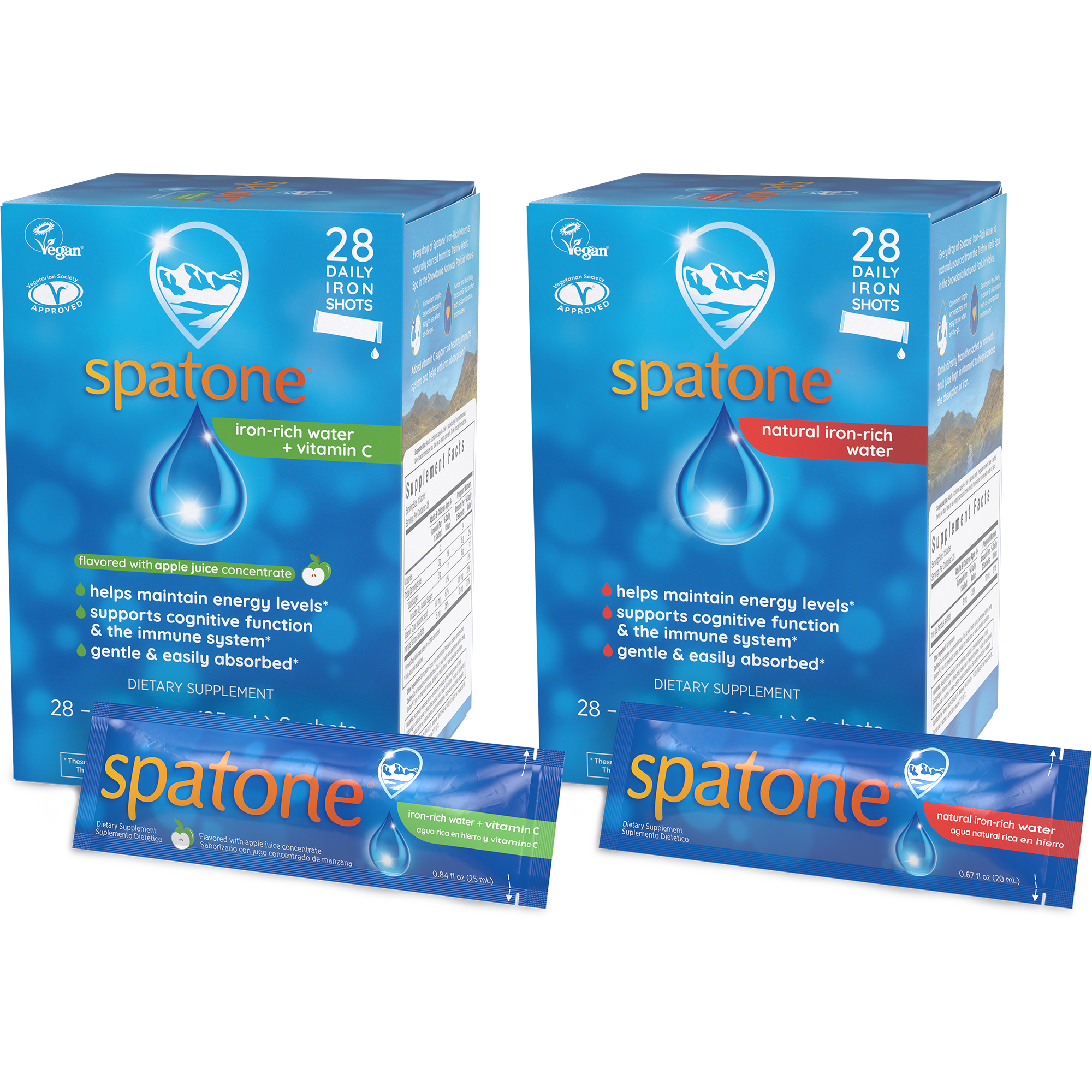 Spatone daily liquid iron supplement packaging, localized for US market from preexisting branding. Each box holds 28 laminated liquid packets of natural mountain spring water. Actual size: 4.4” x 4.4” x 6.6” cartons, 6.1” x 1.9” packets.