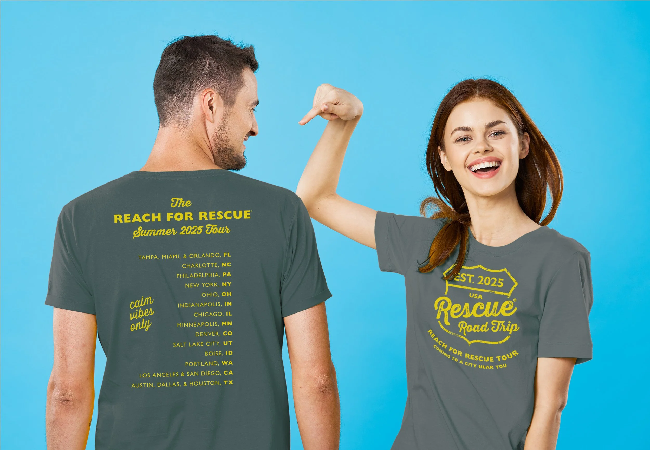 Branded tee-shirt design in gray for the Rescue Road Show. Shirt back (left) with tour dates, shirt front (right) with event logo. Logo & design by Paula Frederick. Printed in 1 color.