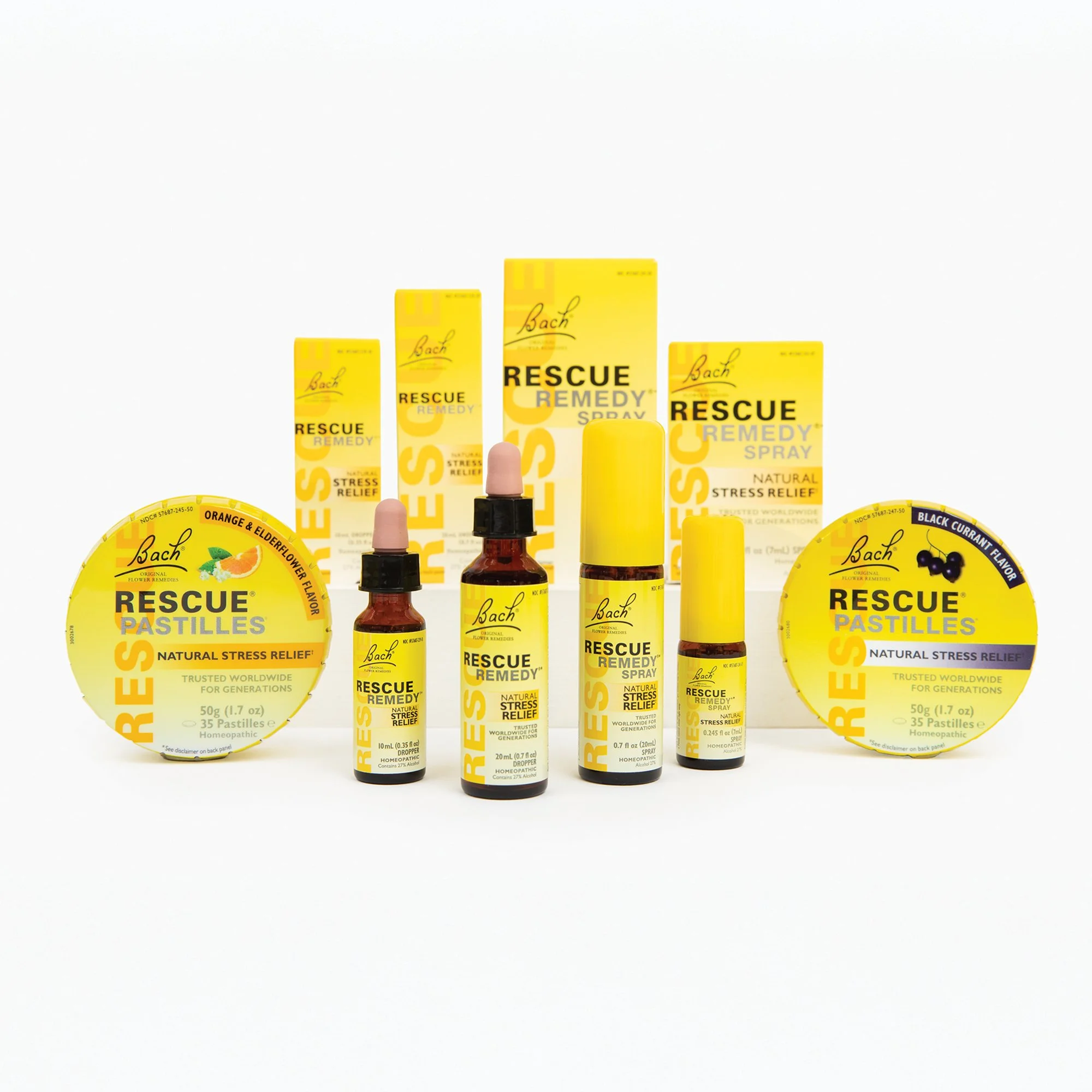 Core product line of the Rescue brand family of homeopathic stress relief products. Pre-established branding was adapted to meet stringent US regulatory and legal requirements, all on very small packaging profiles.