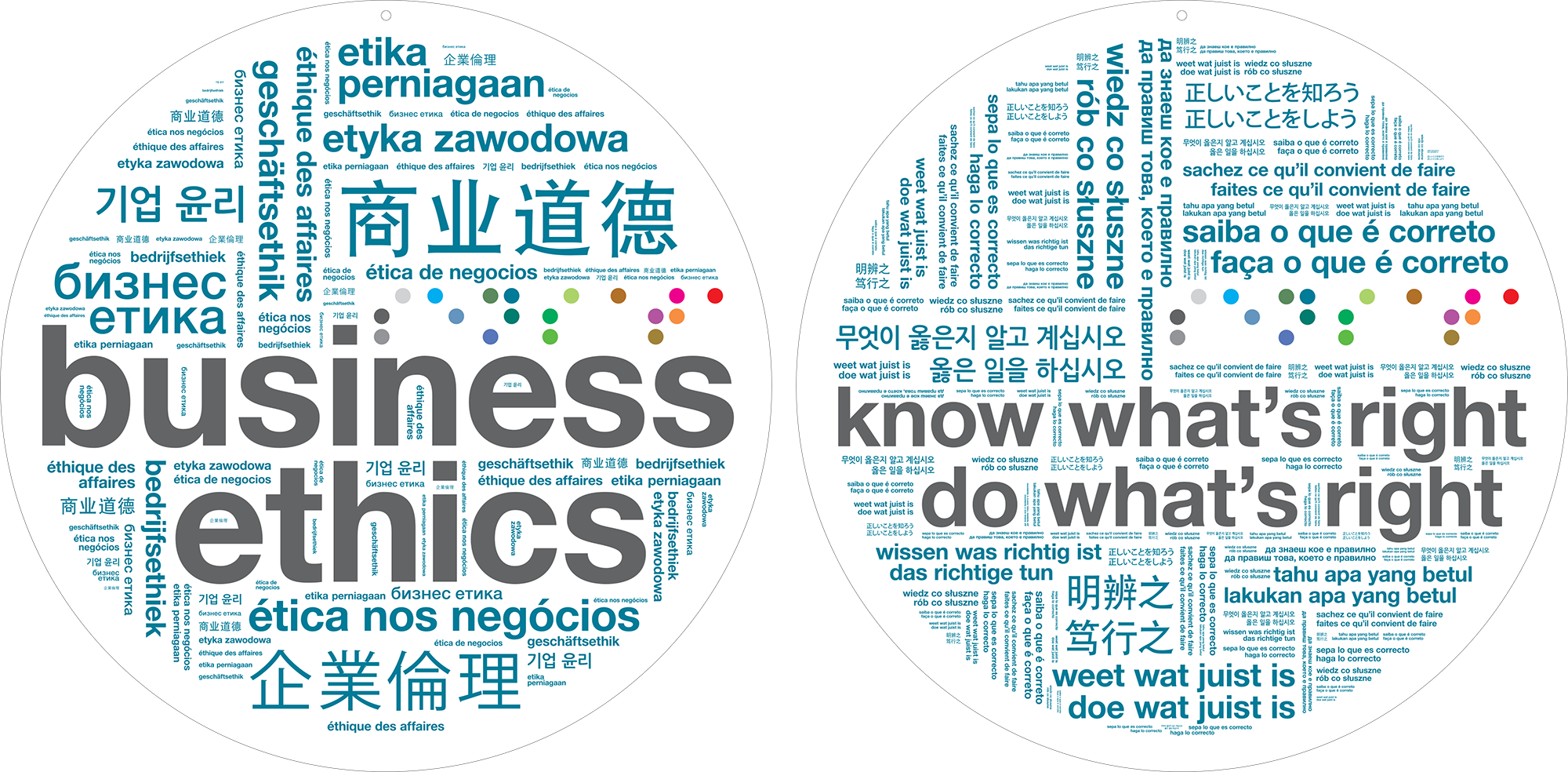 Side 1 and 2 of a hanging double-sided sign that rotates with a slight breeze. These typographic circles were used globally on posters and digital also. The primary business language was English, so that portion has the prominent treatment. Every lan