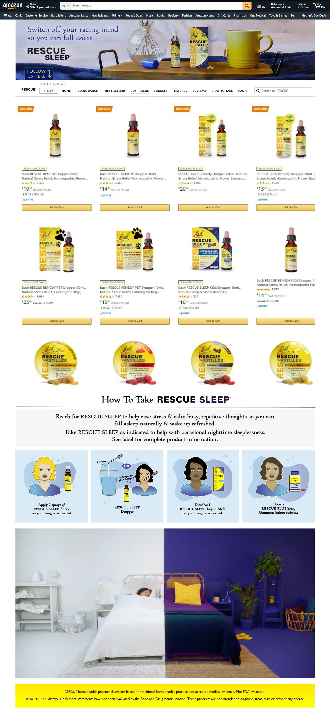 Amazon store page for Rescue sleep aids.
