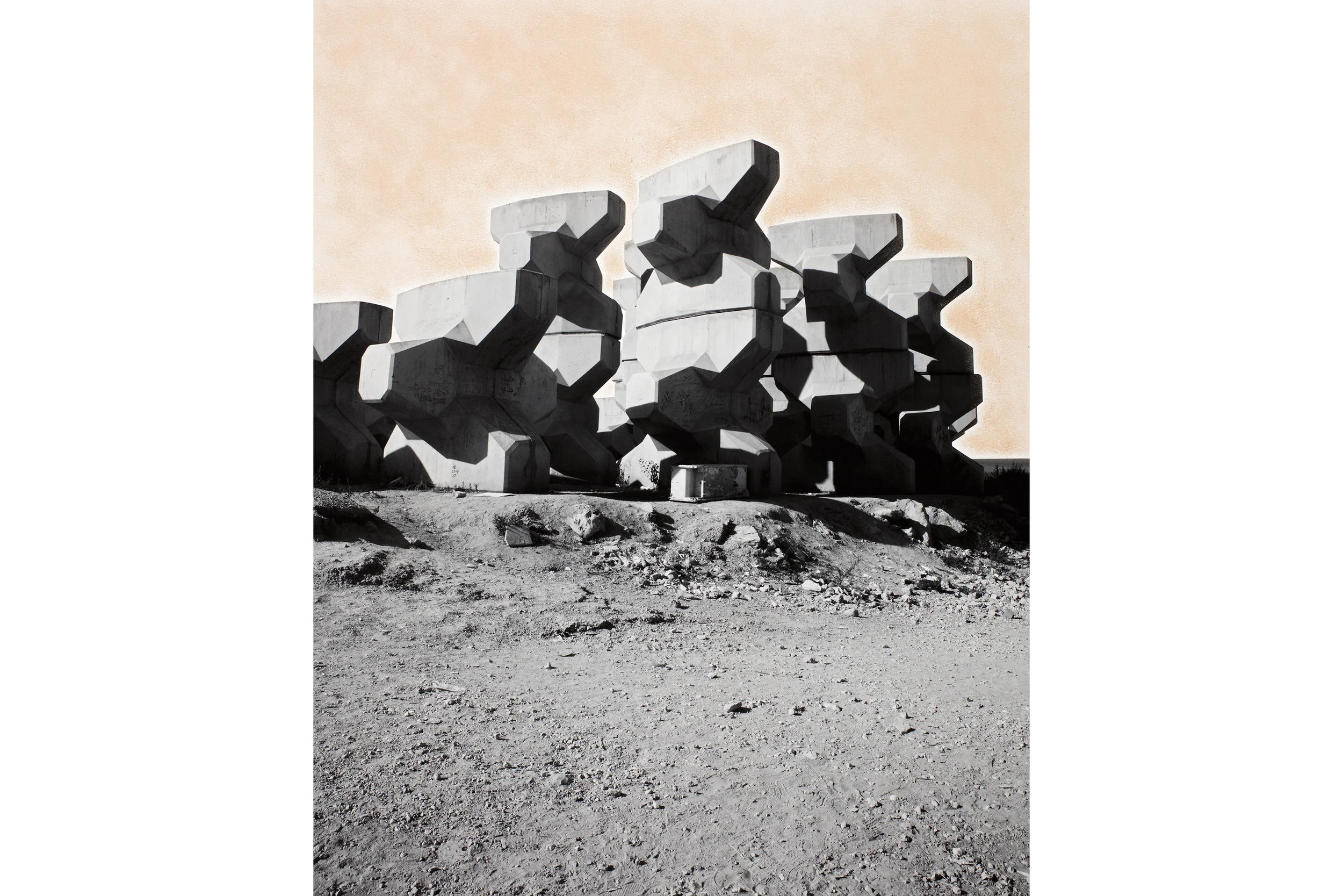 Dalieh of Raouché, Beirut and Rodalquilar mine, Almería, Spain, from Rocks & Fortresses, 2018. C-type photograph and earth pigment, 101 x 81cm
