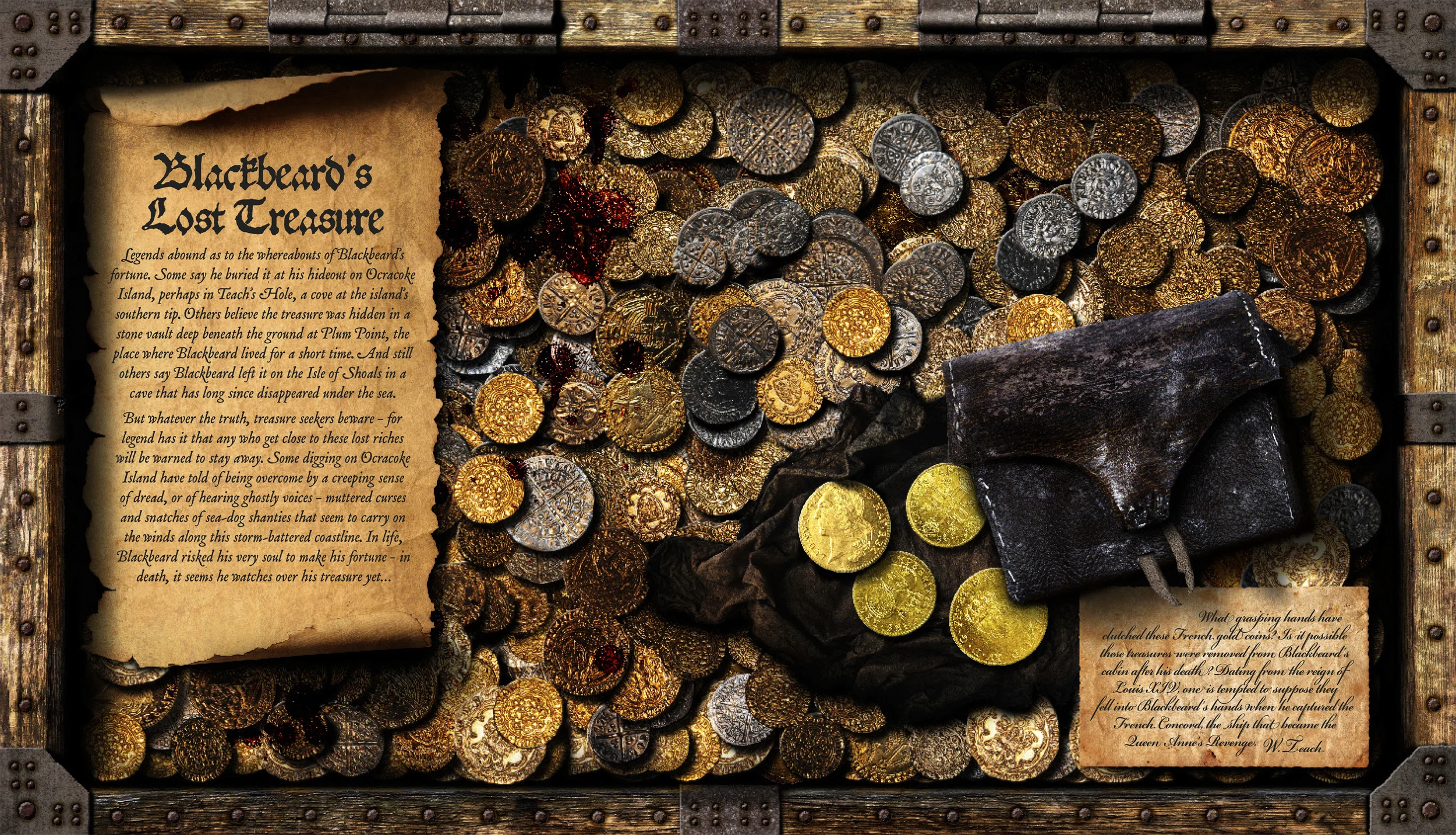  We originally had only a handful of images of coins with which to build this scene. But by adding light and shadows, we created a treasure chest of immense wealth built up with many layers of coins. The wood around the edges and the metal fittings w
