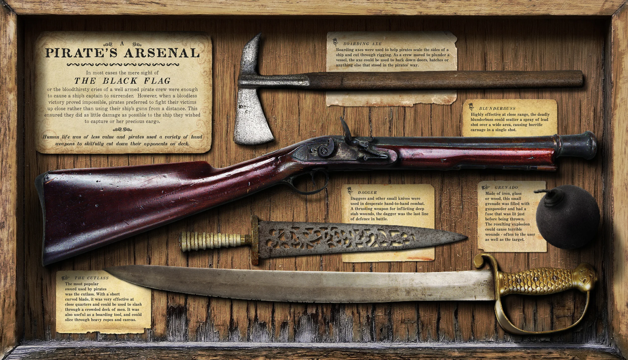  The images for each weapon came from a number of image libraries. As a result, they were all lit differently. After constructing the background wooden box and paper labels, the weapons were placed in the scene and then individually colour edited to 
