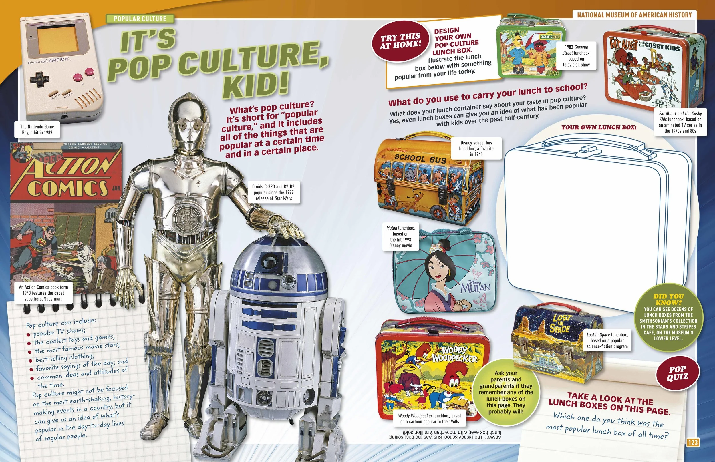 The National Museum of American History has an extensive collection of lunchboxes on display. Readers can create their own lunchbox using the blank illustration provided.