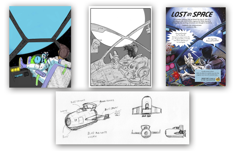 The workflow for these titles was for us to draw up a very (very) rough pencil sketch to get an idea of what we'd need to lay out each page. We used these to approve layouts with Editorial. Then the illustrator was commissioned to provide pencils based on our roughs. We then tweaked the pencils and then sent those back to the illustrator to "go to colour". The final layout was then put together using the colour artwork. We also designed various other elements needed for the storylines, like the main spaceship used in Lost in Space.