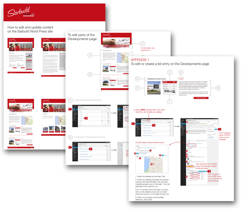  As step-by-step user guide was supplied with the website so the Sarbuild staff can make the most of their custom back end.       