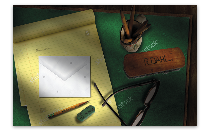  This is the last spread of the book, where Roald Dahl's writing has been completed for the day, and the board is cleaned up. There is a soft moonlight coming through the window. In the printed book, a little envelope containing a personal note for t