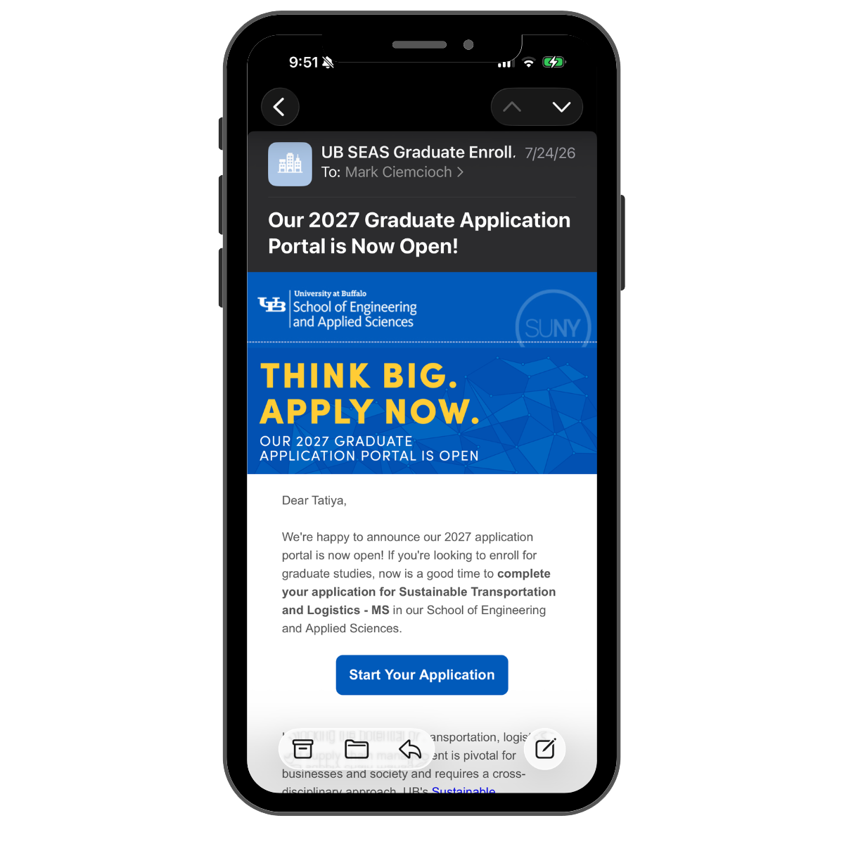 Image of mobile phone with a University at Buffalo email