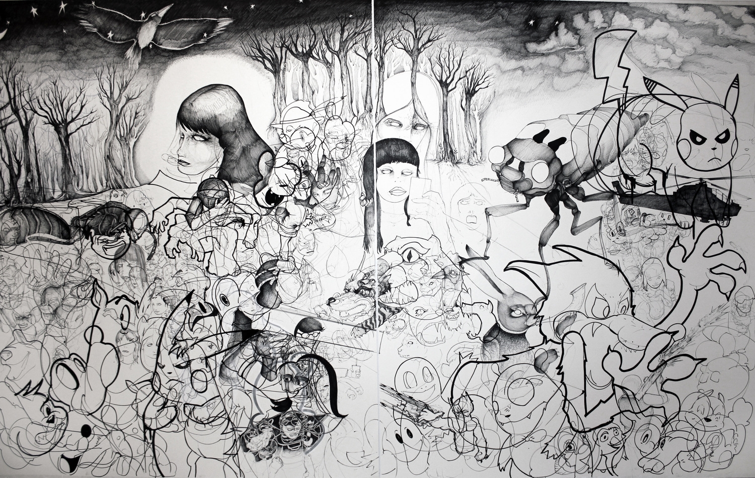 Neck of the woods 2015, mixed media drawing 9'x4'