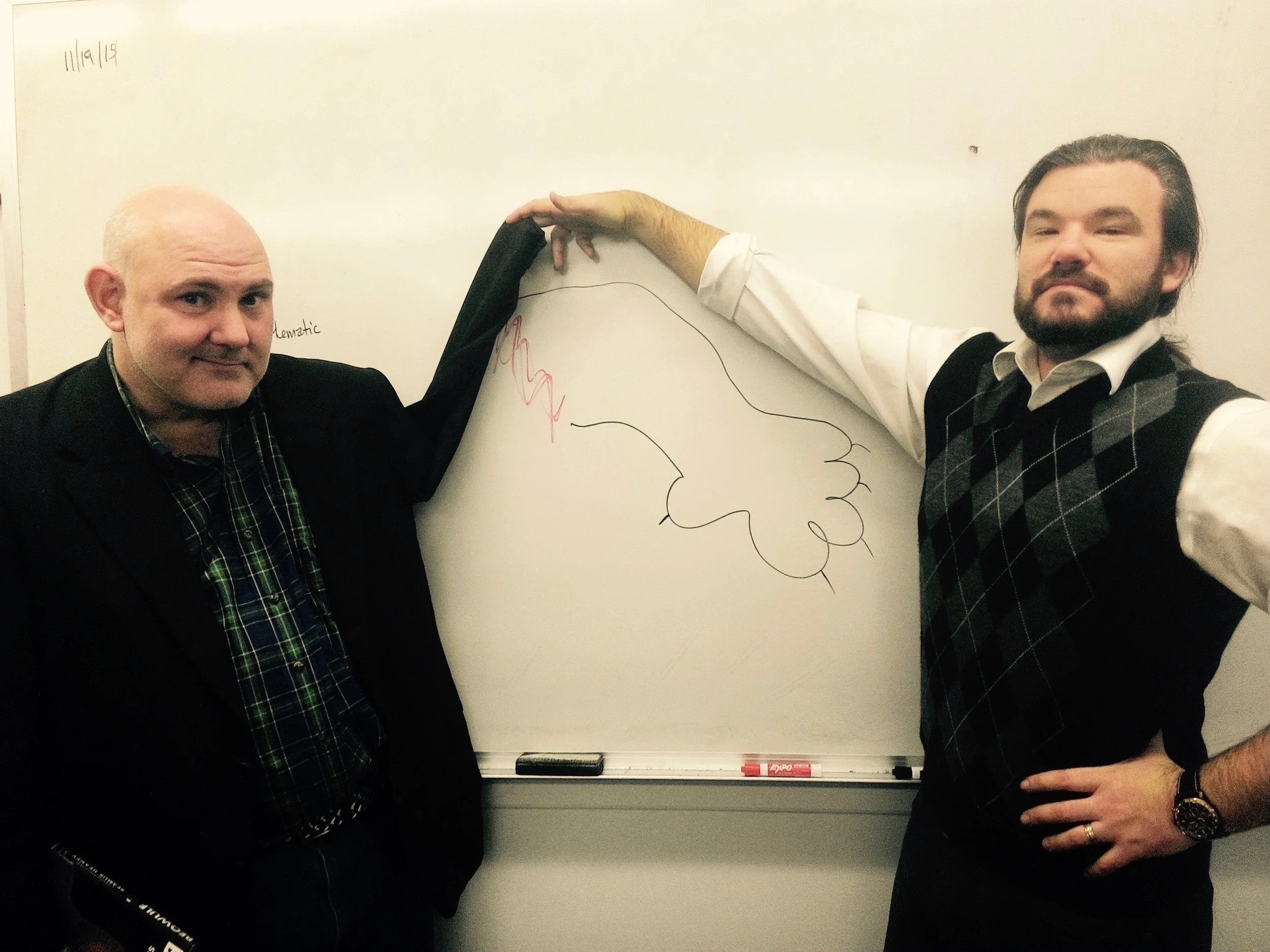 Mr. Boisvert has his arm nailed to the wall, Grendel-style (beautifully traced by Mr. Drummond)