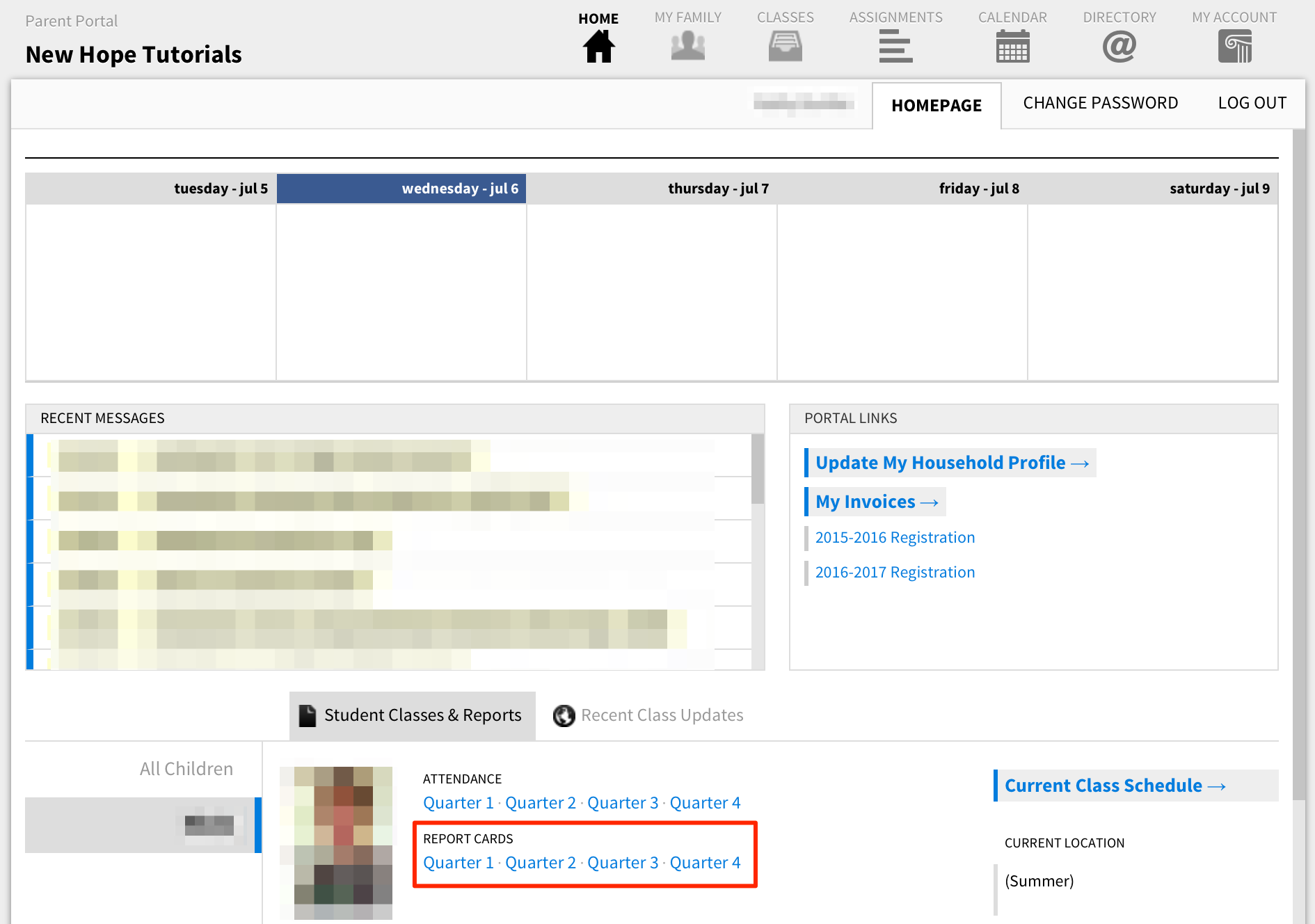 Parent Portal default View. Click to enlarge. 