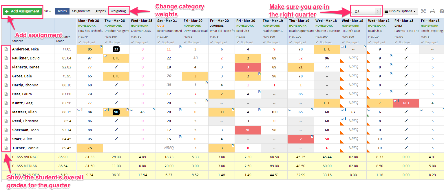 Teacher gradebook. Click to enlarge.