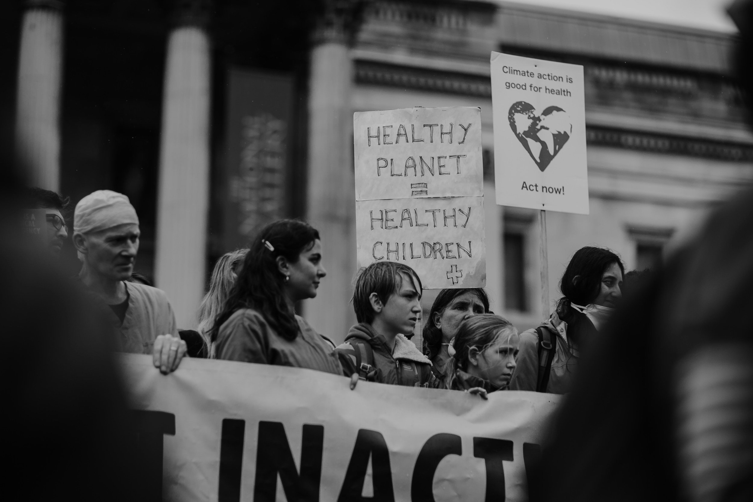 greyscale photo of a climate protest