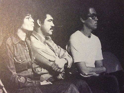   Angela Davis, Rodolfo “Corky” Gonzales, and Ernesto Vigil at Loretto Heights College in Denver, Colorado on April 28, 1973.   Photo: Pablo Castro  