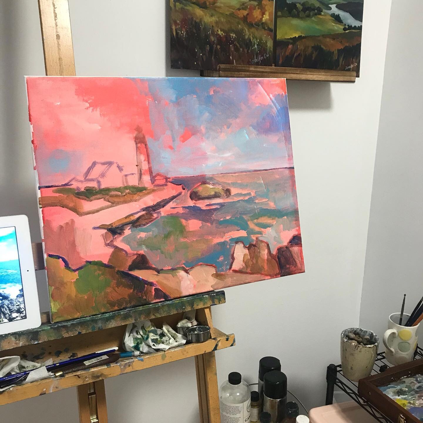 The first layers. ❤️ I decided there&rsquo;s no such thing as too many lighthouses, and I&rsquo;m still in love with this coast. Adding this 16x20 to the collection. However, it&rsquo;s probably fall in Maine now! How quickly the seasons change.