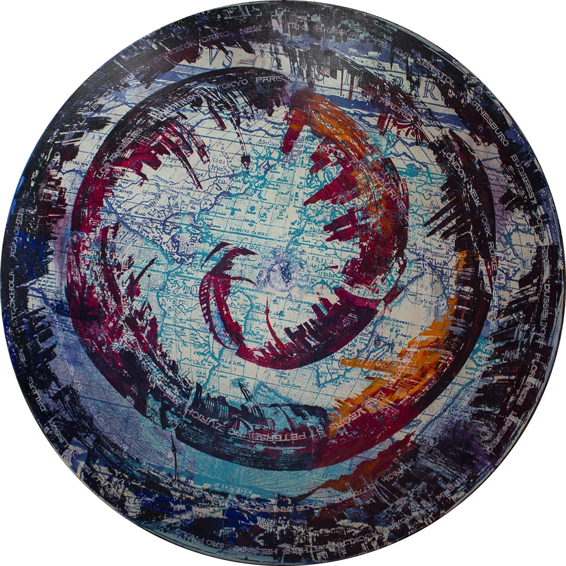 New Atlantis 6’ circular panel Acrylic and mixed media on panel