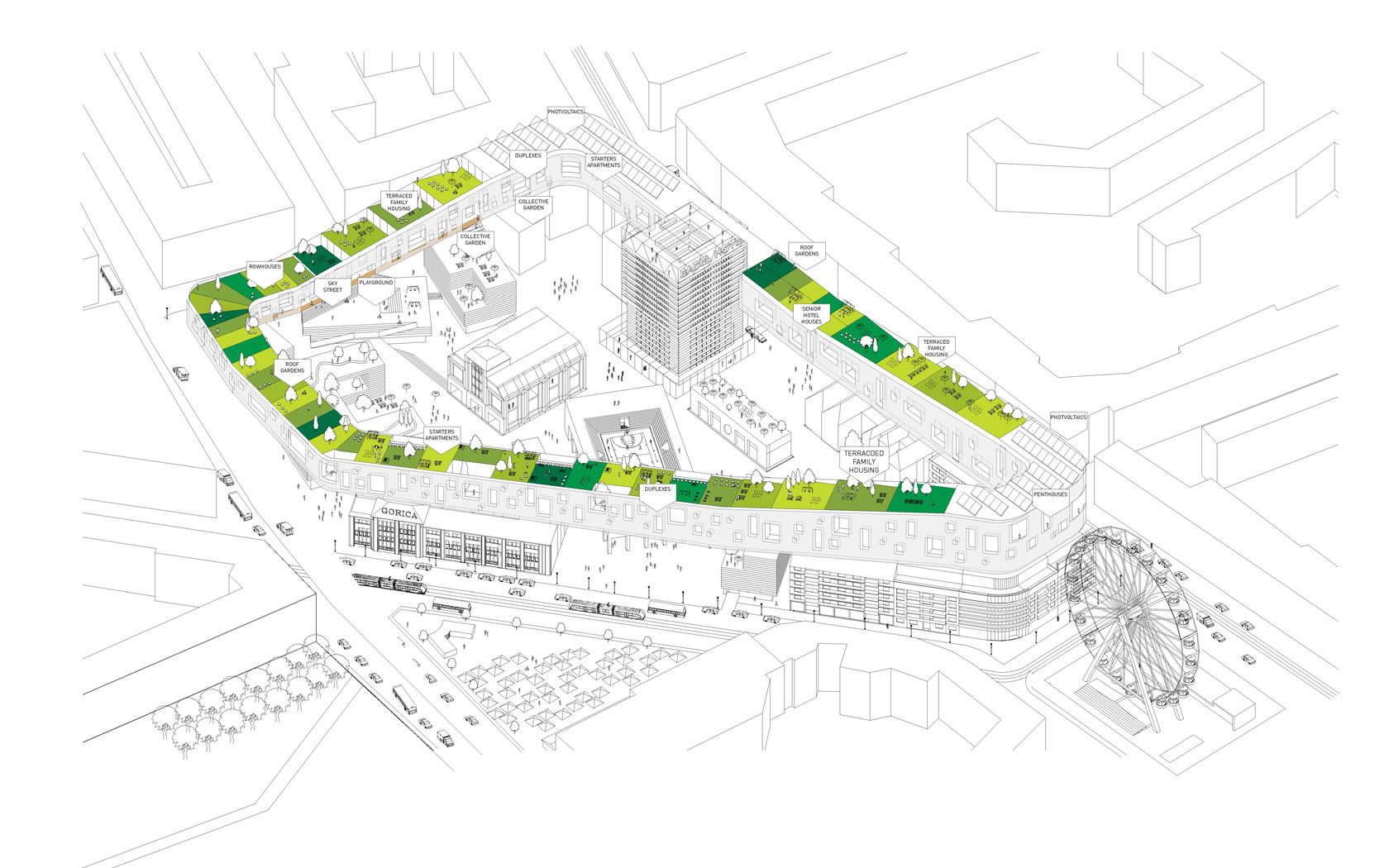 An open ground level with freestanding volumes was superposed by a ring of housing, closing the block on a higher level. 