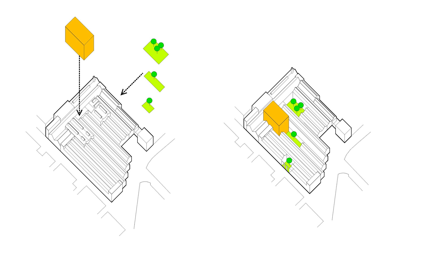 As a development strategy, the insertion of a tower, a dense hotel programme, worked as a financial infuse, allowing for the expensive restoration of the monumental roof.