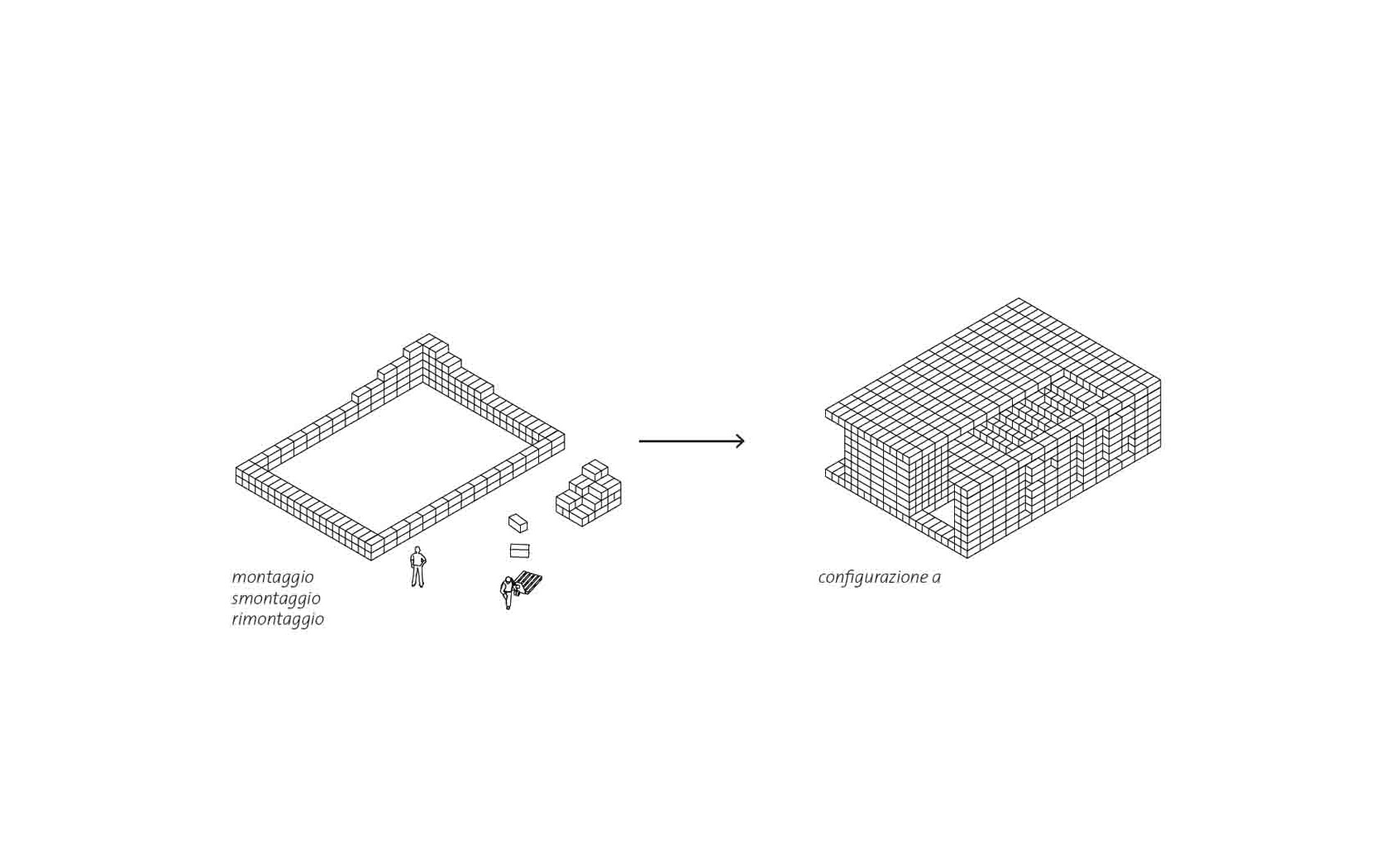 The shed, made out of wooden crates, was to be assembled, disassembled, moved and reassembled on a regular basis, creating a moving pavillion. 