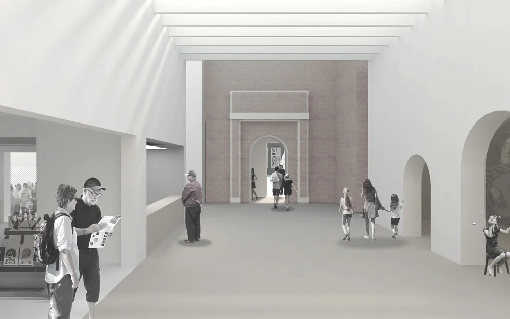The entrance space turns into an inner square surrounded by a cafe and shopsm but also educational acitivities for kids. From here, the garden is accessed by the 17th century gate on the north side of the museum.