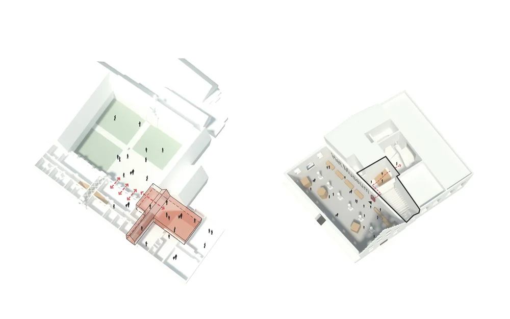 Both buildings share the need to reorganise its relation towards the city. We have been searching for public interior spaces that are freely accessible in order to mix city and museum.