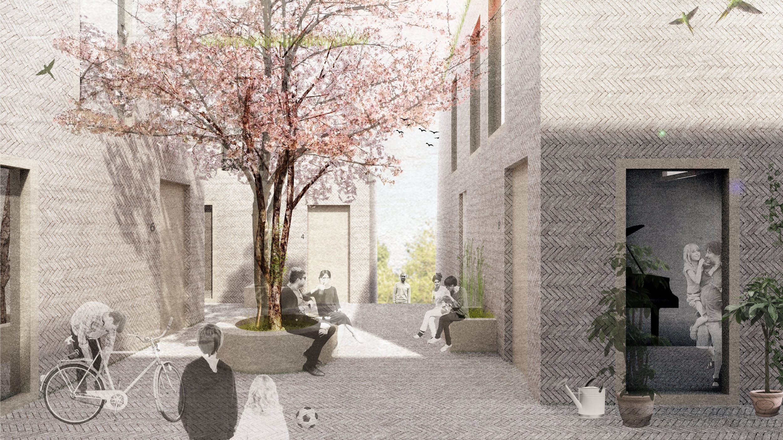 The top 6 houses are collected around a raised courtyard, creating a small scale shared semi-public space.