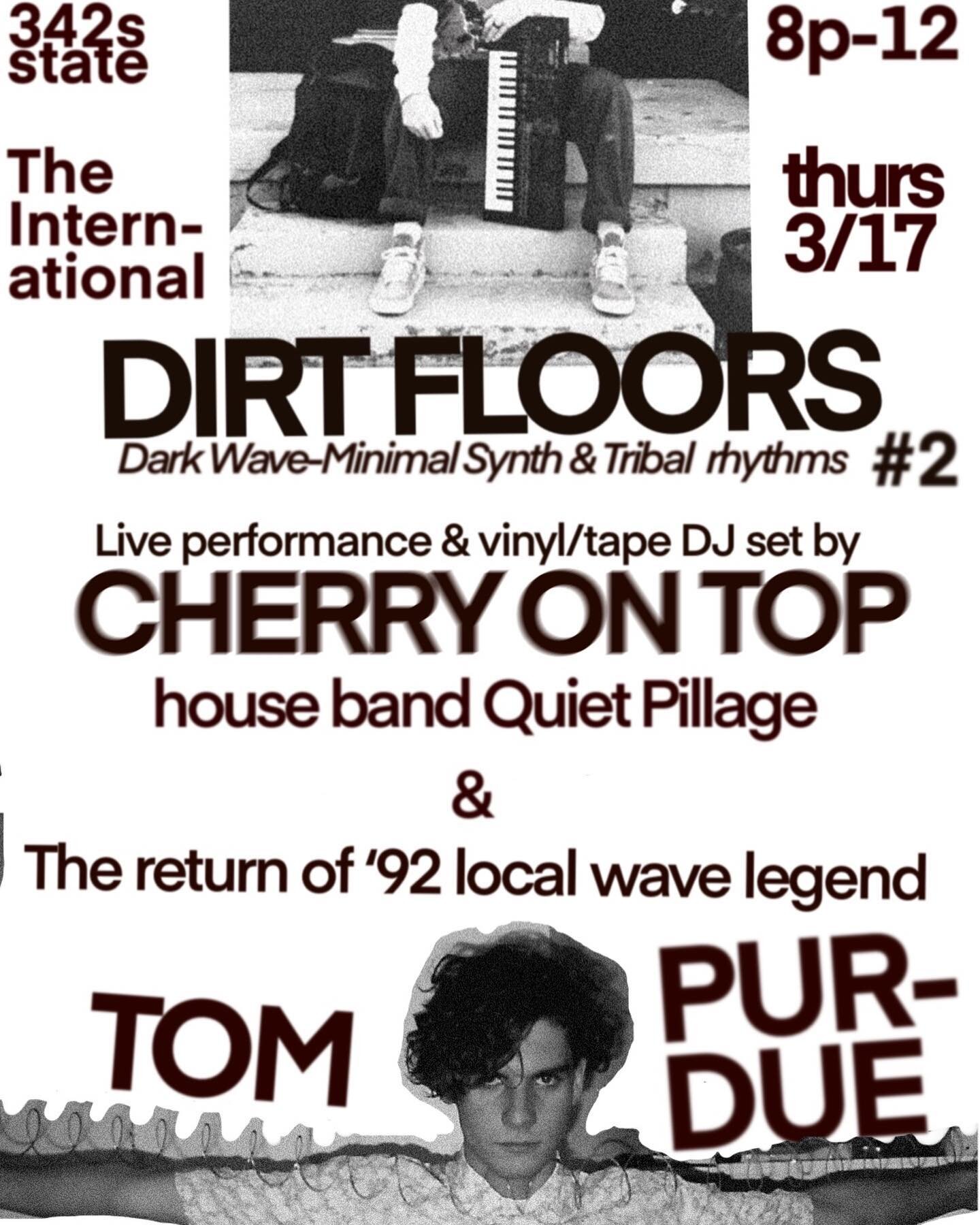 This Thursday. The return of the DIRTFLOORS party. Minimal DarkWave Tribal Vibrations.
Blessed to have @cherrryontopofficial perform and DJ!!

So excited to bring out the original synth wave lord @tompur2 Tom Purdue. His obscure tapes from the  early